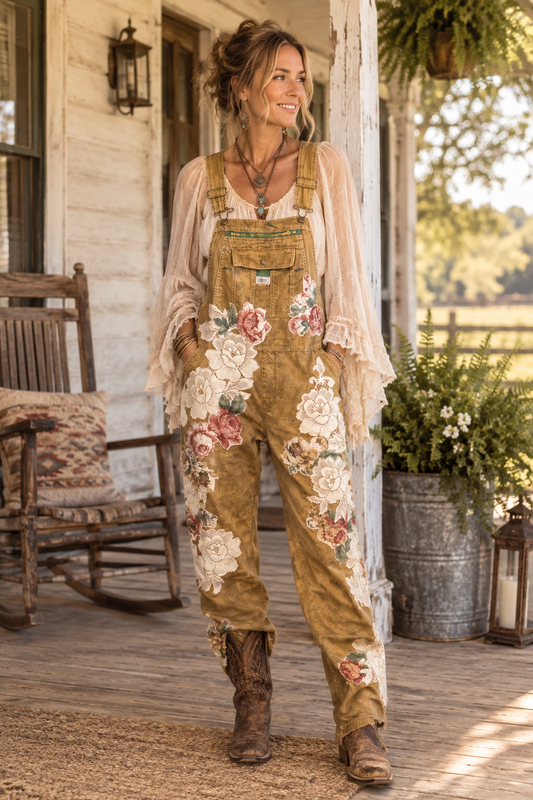 Up-cycled Denim Overalls, Fall Colors, Roses and Lace, Cowgirl on the Back, Size 2XL