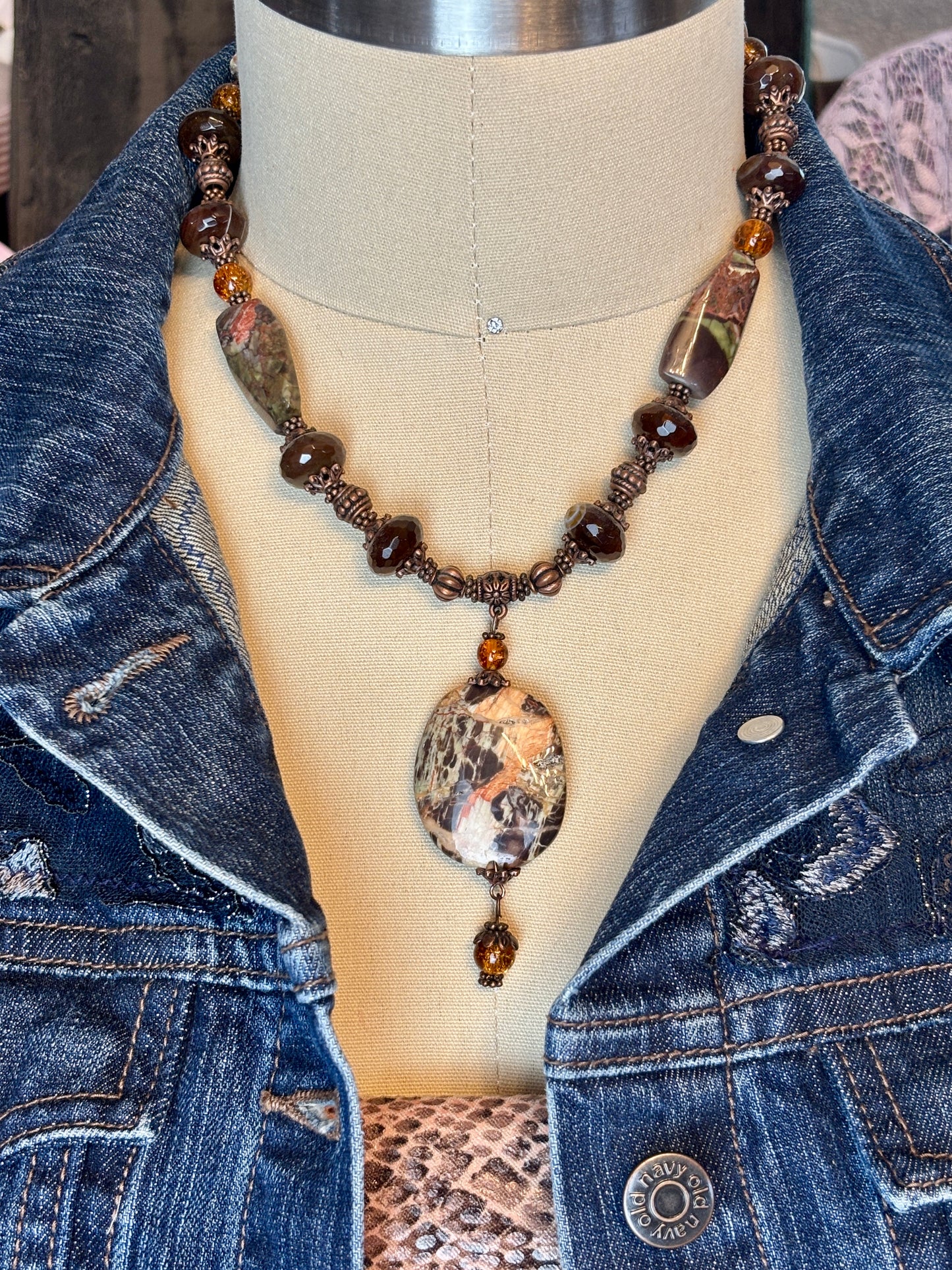 Brown, Orange and Green Agate Pendant Necklace with Faceted Gemstones and Complimenting Glass Beads