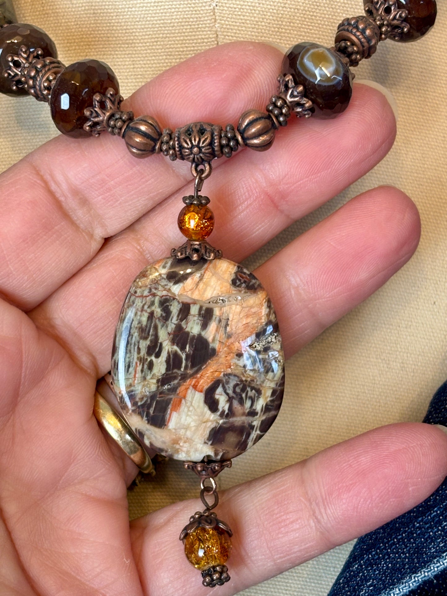Brown, Orange and Green Agate Pendant Necklace with Faceted Gemstones and Complimenting Glass Beads