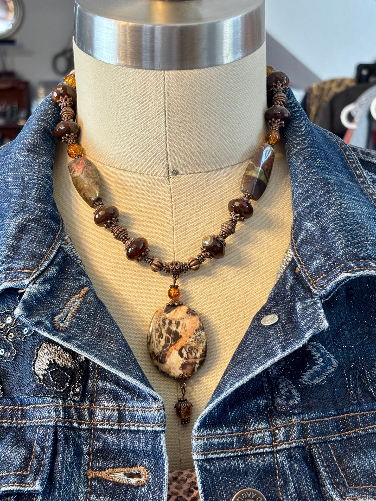 Brown, Orange and Green Agate Pendant Necklace with Faceted Gemstones and Complimenting Glass Beads