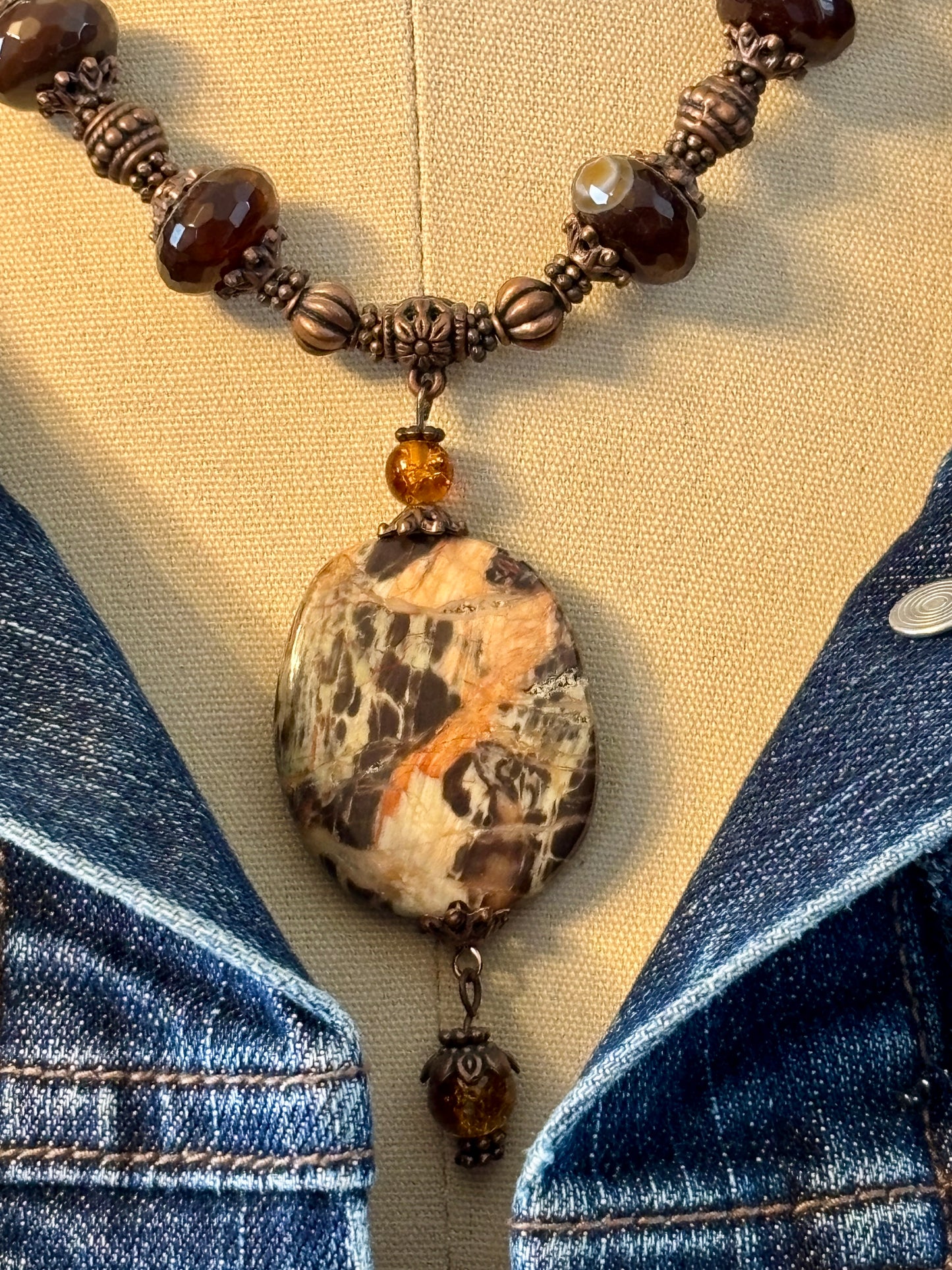 Brown, Orange and Green Agate Pendant Necklace with Faceted Gemstones and Complimenting Glass Beads