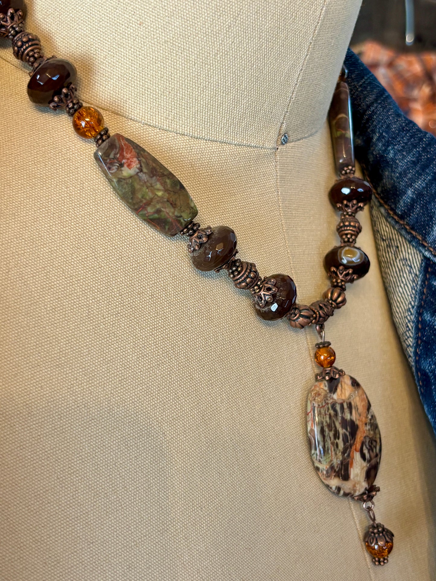 Brown, Orange and Green Agate Pendant Necklace with Faceted Gemstones and Complimenting Glass Beads