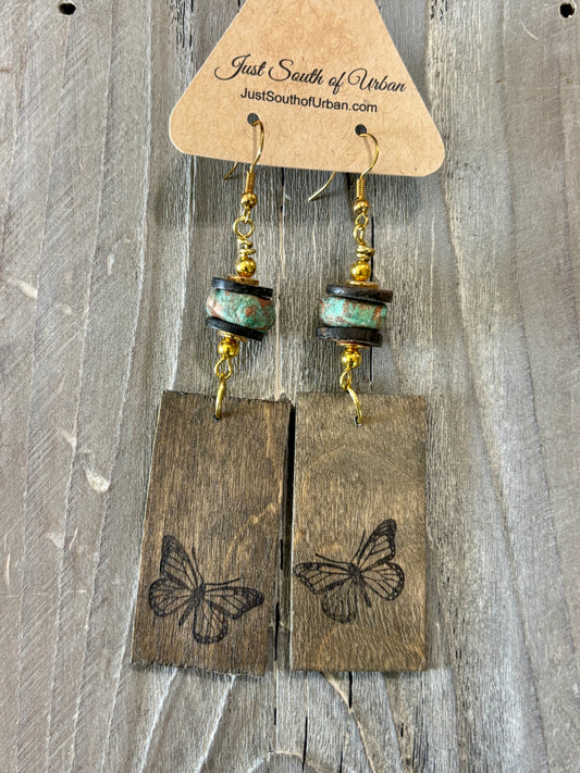 Artistic Wood and Stoneware Beaded Earrings, Butterfly Print, Lightweight, 4" Long