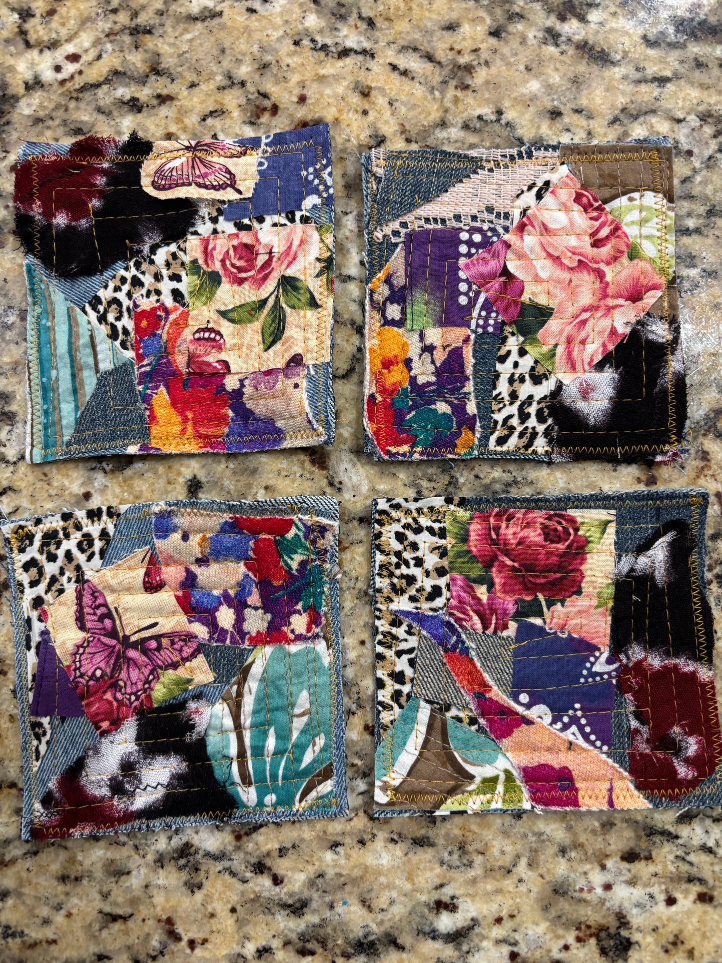 Colorful Bohemian Fabric Coasters, 4" x 4", (SET B)