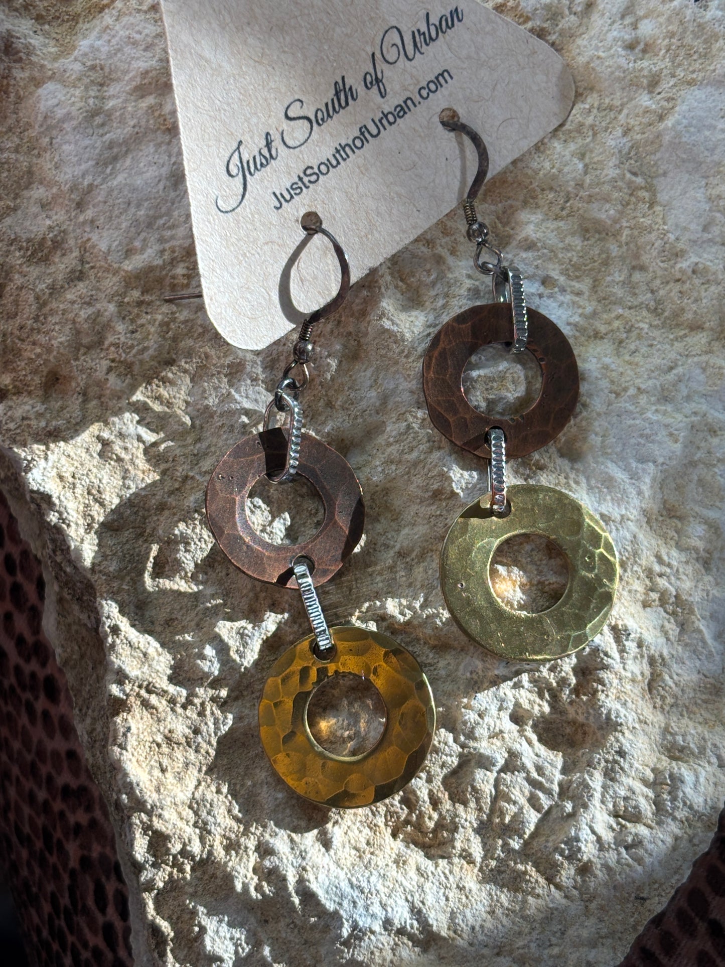 Hammered Copper and Brass Handmade Earrings 2.5" long