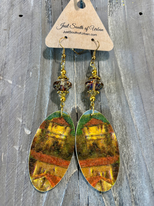 Artful Decoupage Earrings Italian Villa 4" Long Super Lightweight, Handmade in USA