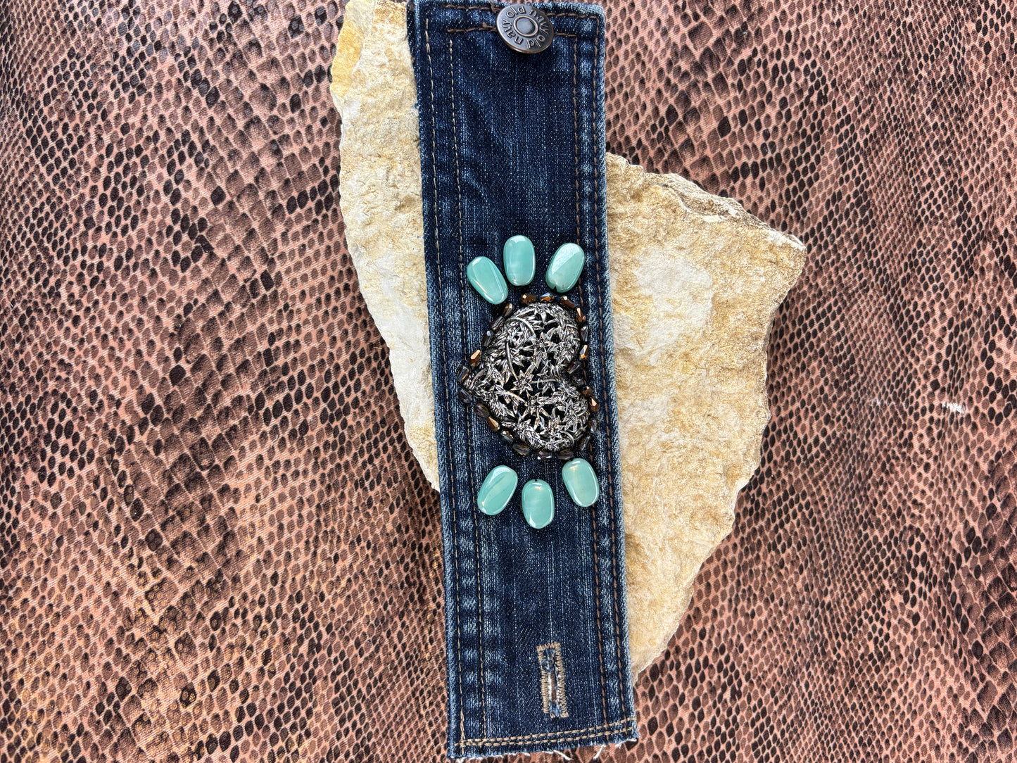 Denim Cuff Bracelet with Filigree Heart Focal, Turquoise Glass bead accents and faceted glass and Bronze Beads