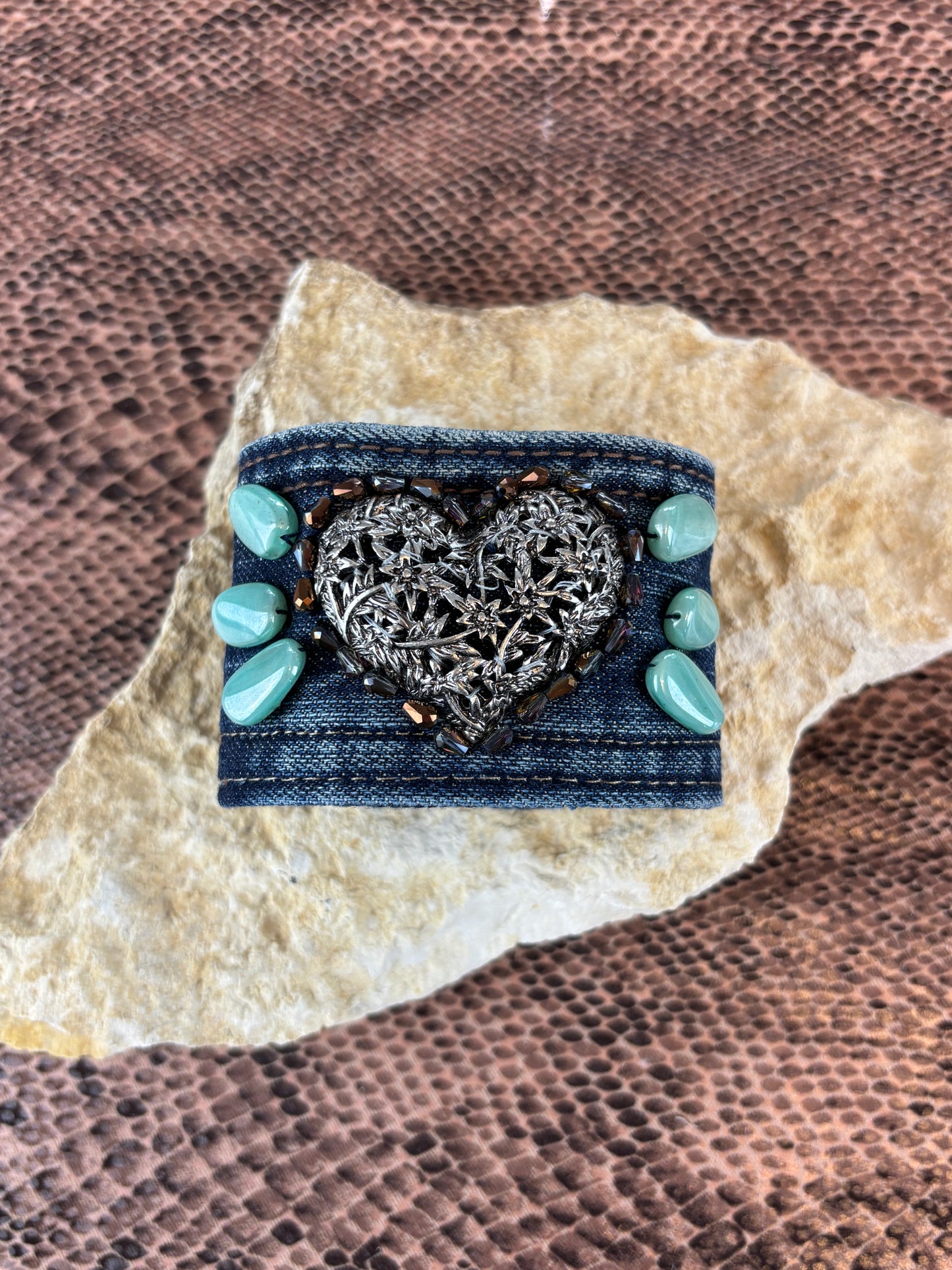 Denim Cuff Bracelet with Filigree Heart Focal, Turquoise Glass bead accents and faceted glass and Bronze Beads