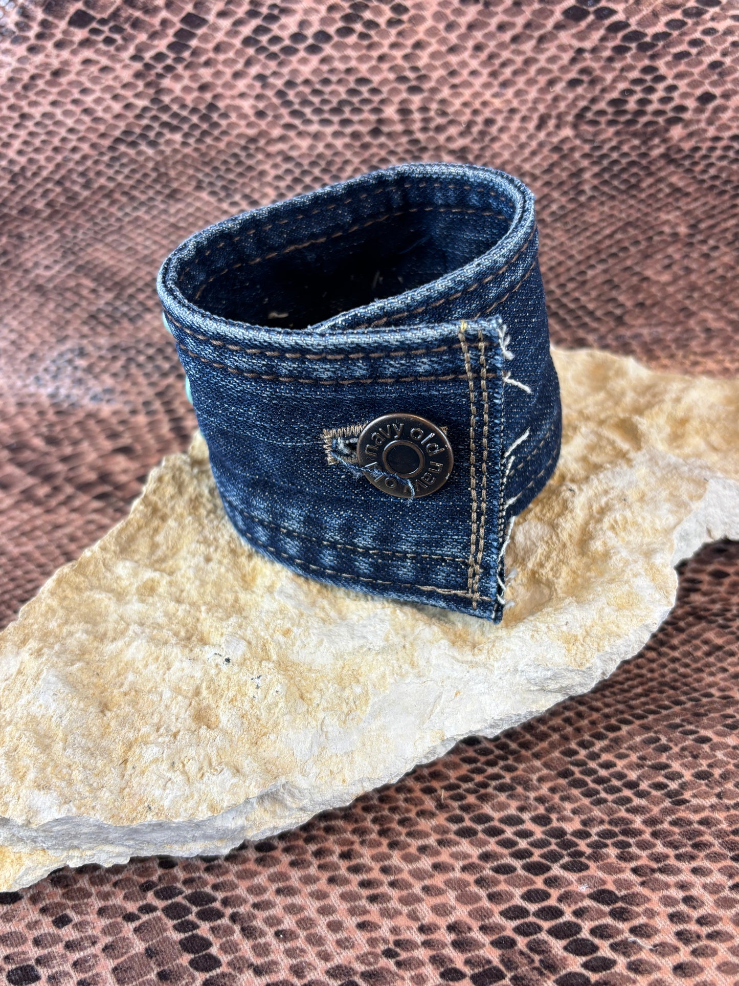 Denim Cuff Bracelet with Filigree Heart Focal, Turquoise Glass bead accents and faceted glass and Bronze Beads