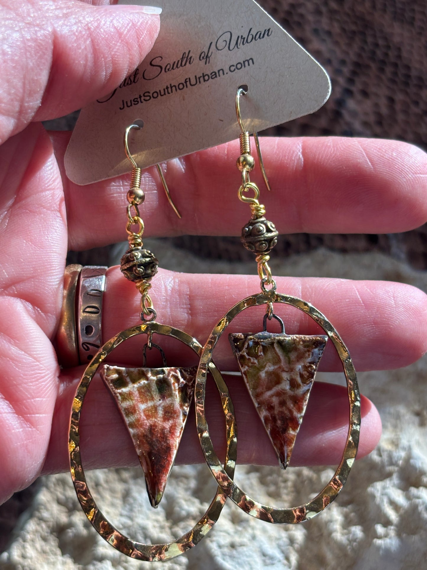 Artisan Ceramic Triangle Earrings Suspended in Gold Oval Hammered Hoops