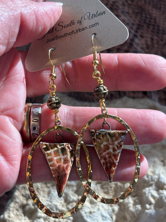 Artisan Ceramic Triangle Earrings Suspended in Gold Oval Hammered Hoops