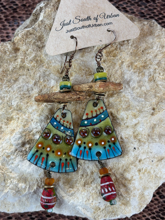 Fantastically ornately designed Glass on Copper Enameled Earrings