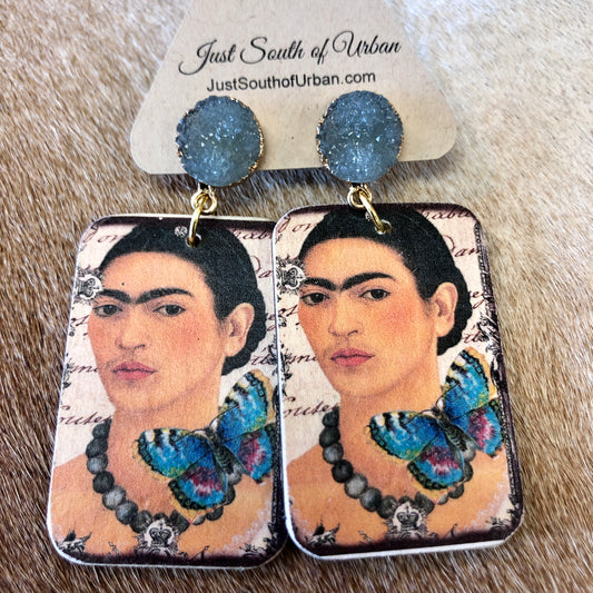 Whimsical Mexican Portrait Art with Butterflies, Blue, Black and White, Druzy Post