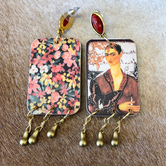 Super Trendy Mexican Art Earrings, Female Portrait with Red and Gold accents, 3.5" Long