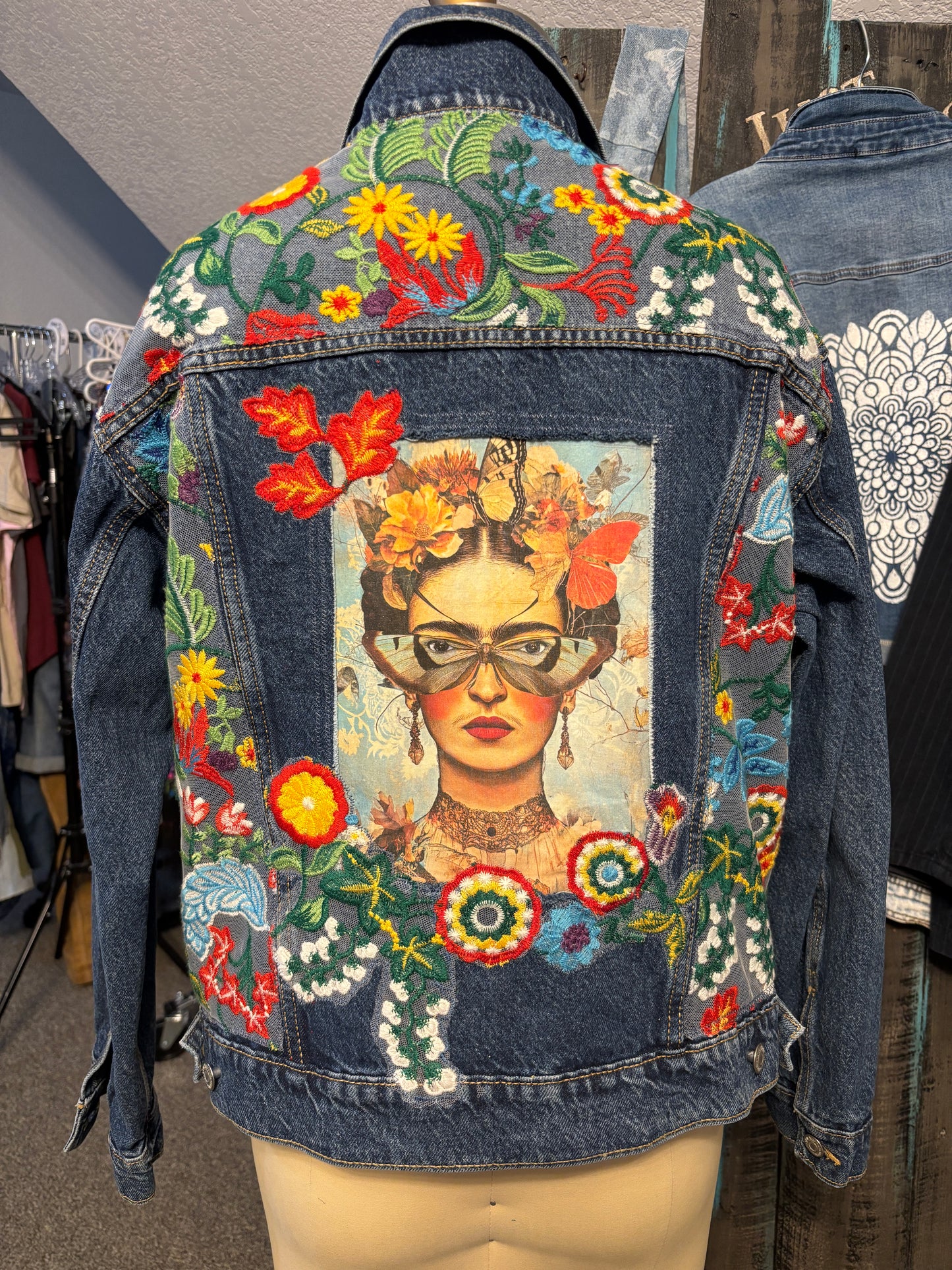 Up-Cycled Denim Jacket, Frida Moth Print, Size 44" Bust, Large/X-Large
