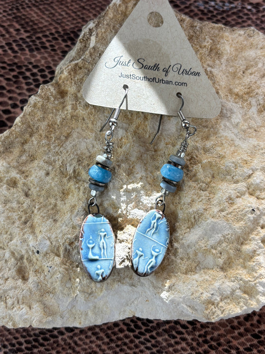 Hieroglyphic Art Earrings, Blue handmade Ceramic with Faceted Denim Lapis