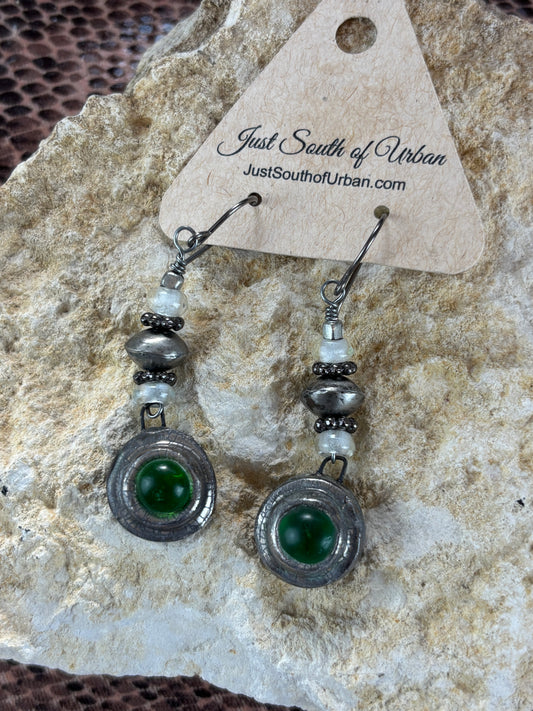 Handmade Earrings Ceramic Medallions with Green Glass Focal, Silver Saucers and Glass Beads