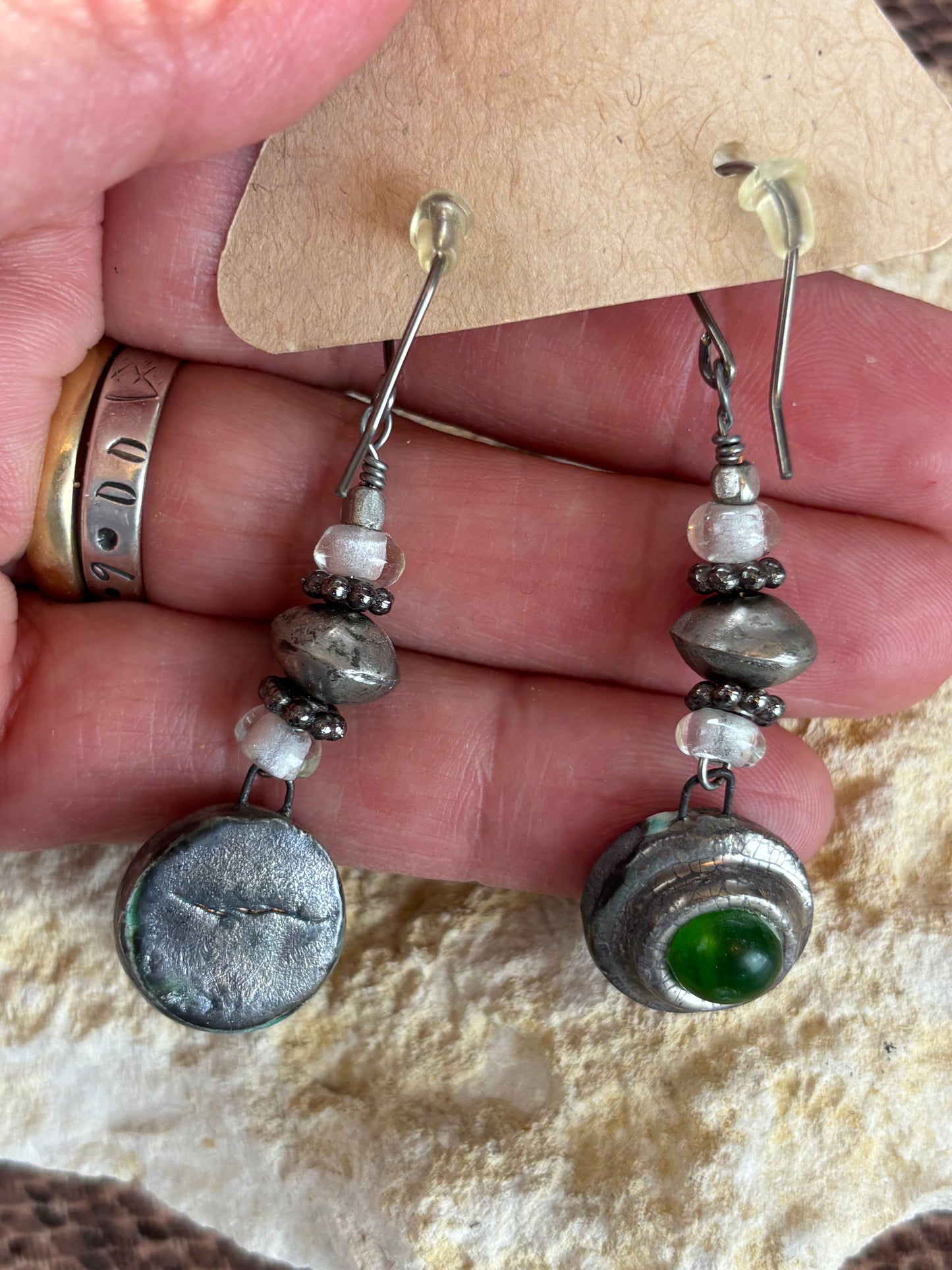 Handmade Earrings Ceramic Medallions with Green Glass Focal, Silver Saucers and Glass Beads