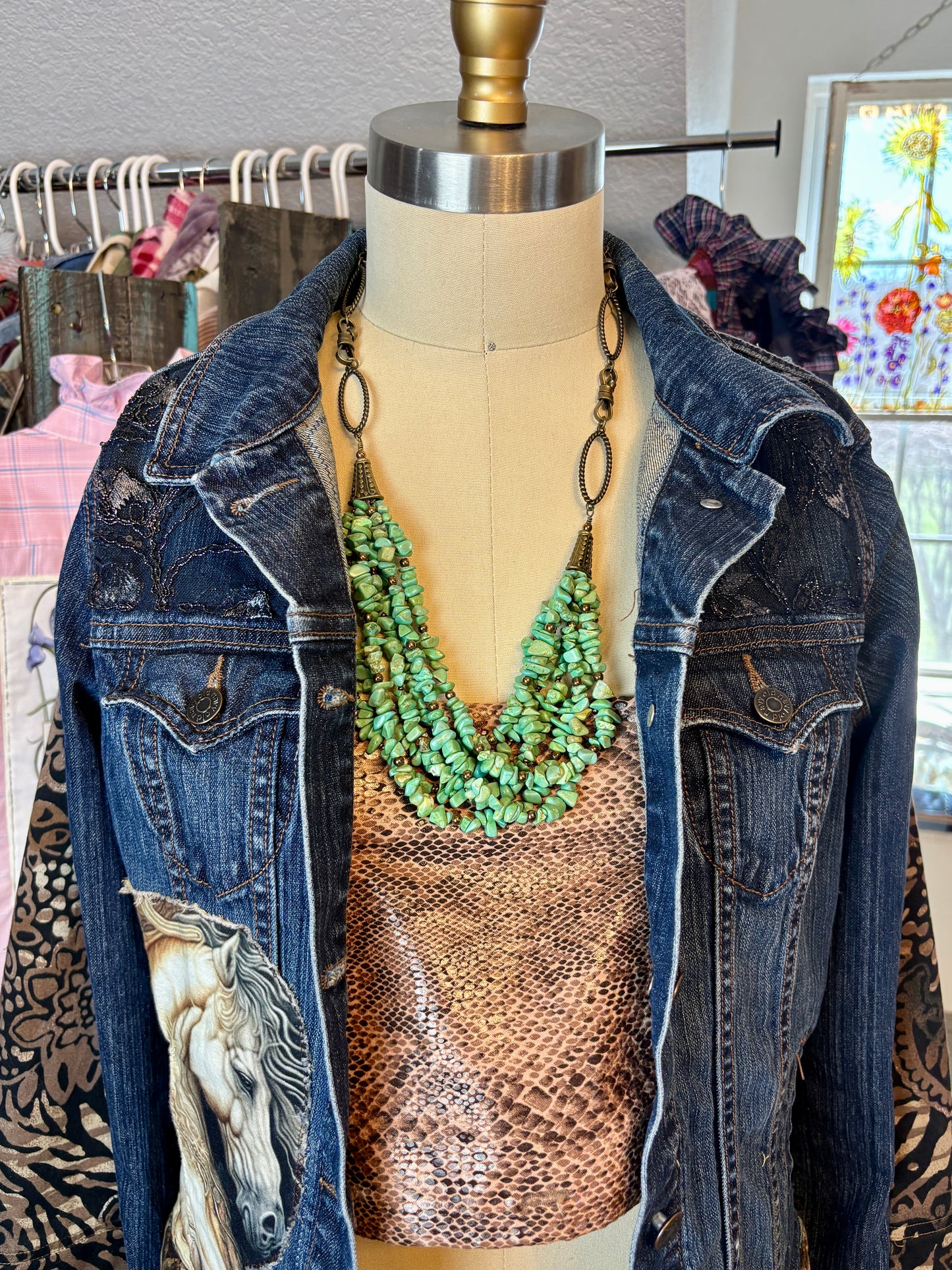 7 Strands of Green Turquoise Beads with Bronze Large Link Chain and Beads