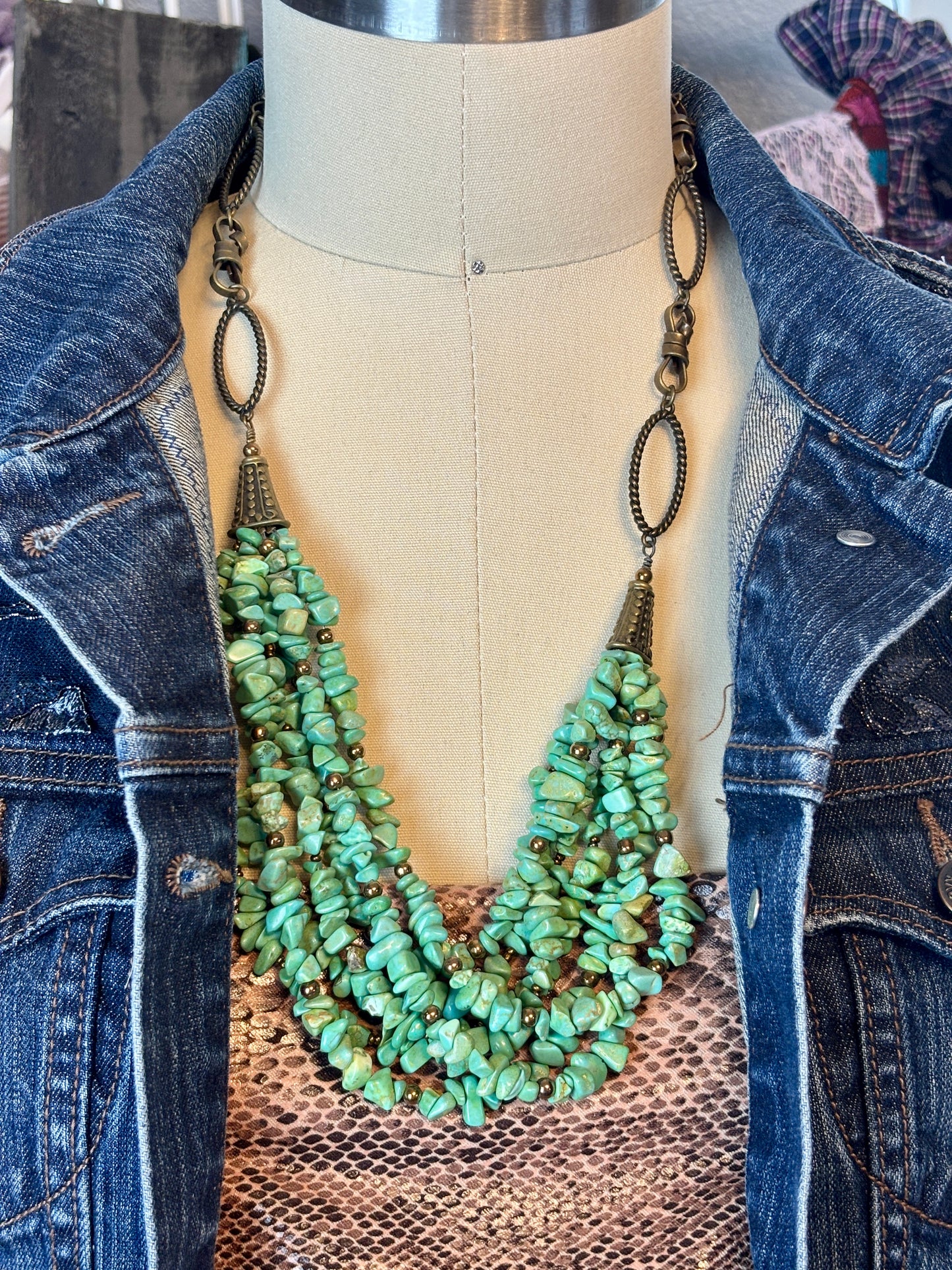 7 Strands of Green Turquoise Beads with Bronze Large Link Chain and Beads