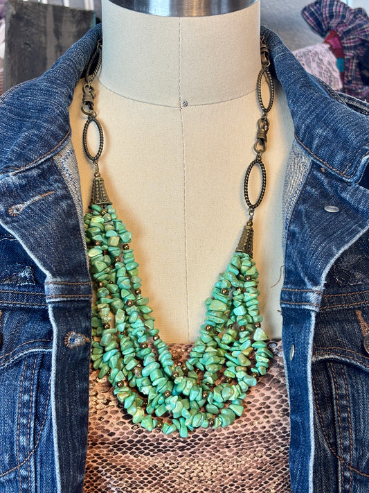 7 Strands of Green Turquoise Beads with Bronze Large Link Chain and Beads