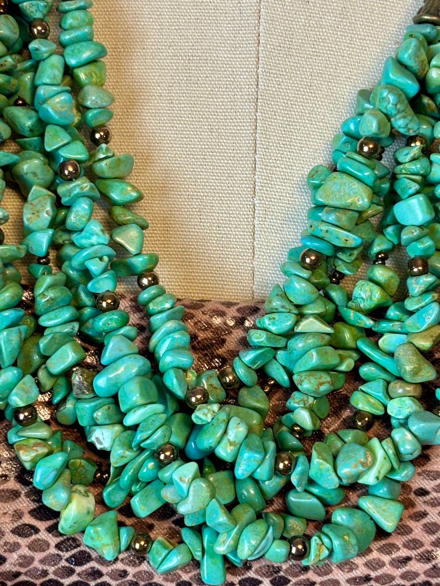 7 Strands of Green Turquoise Beads with Bronze Large Link Chain and Beads