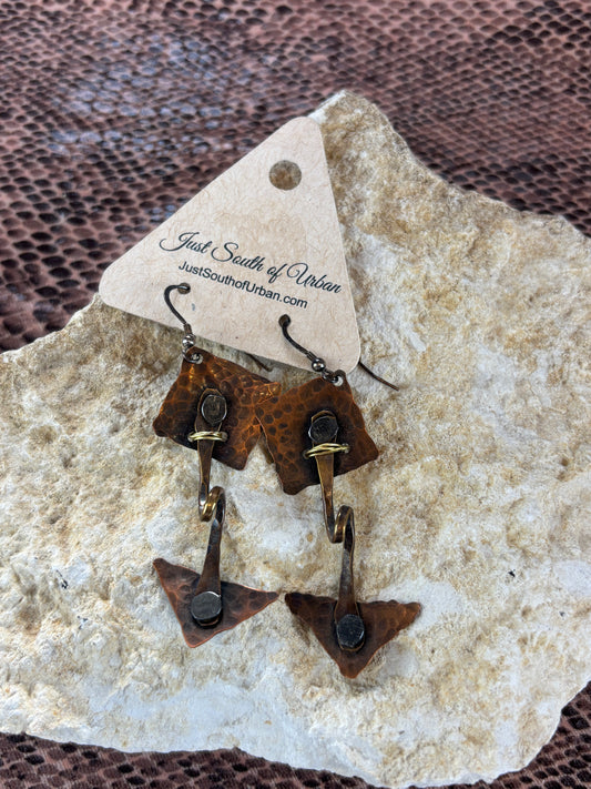 Handmade Hammered Copper and Brass Riveted Arrow Earrings