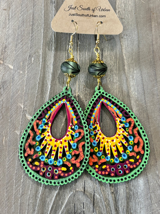 Big BOLD Boho Hand Painted Artisan Earrings, 4" long and 2" wide, Beautiful Lightweight Statement Earrings