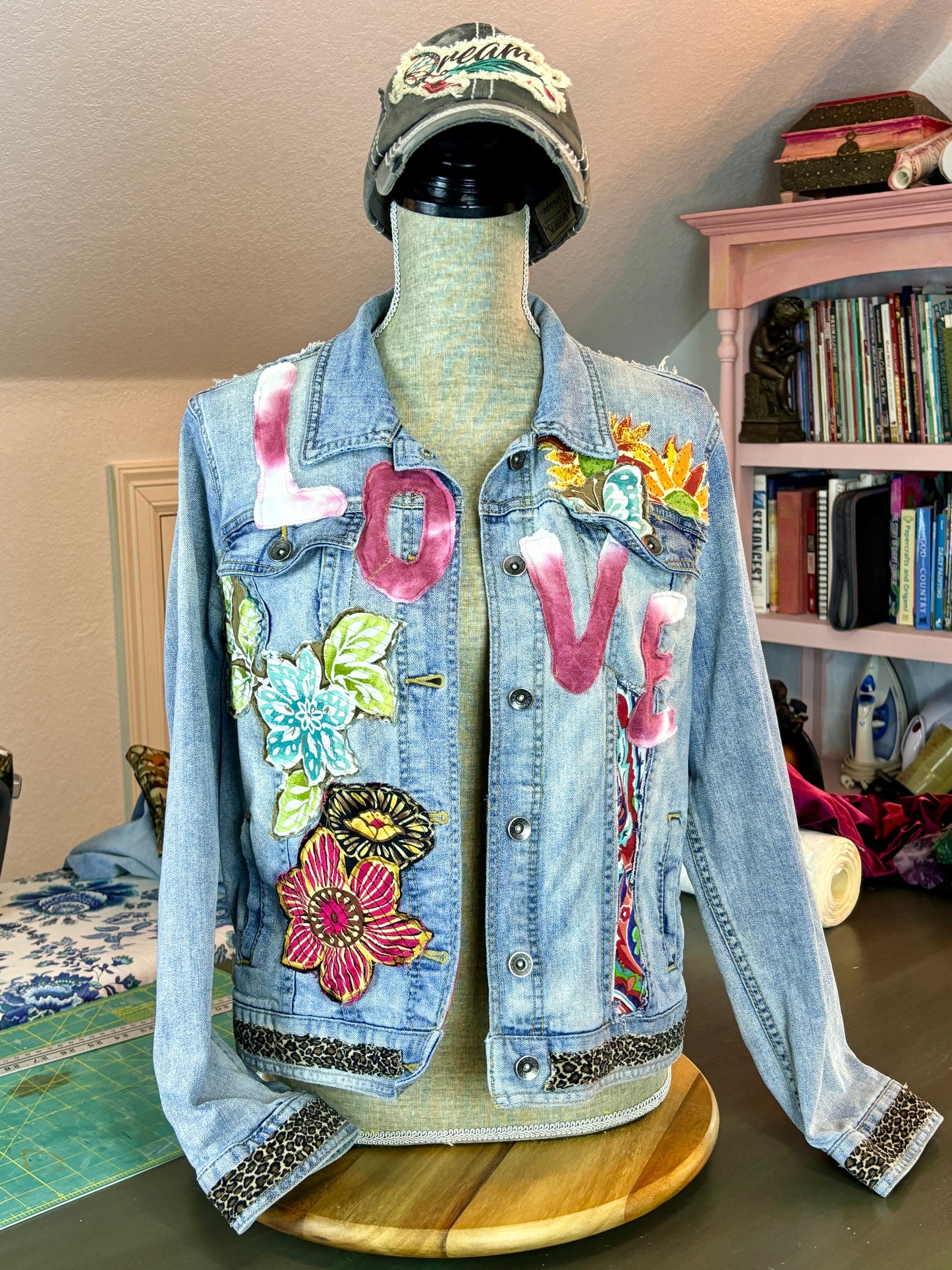 LOVE UpCycled Jean Denim Jacket, Hippie Boho Style, Retro 70's Look