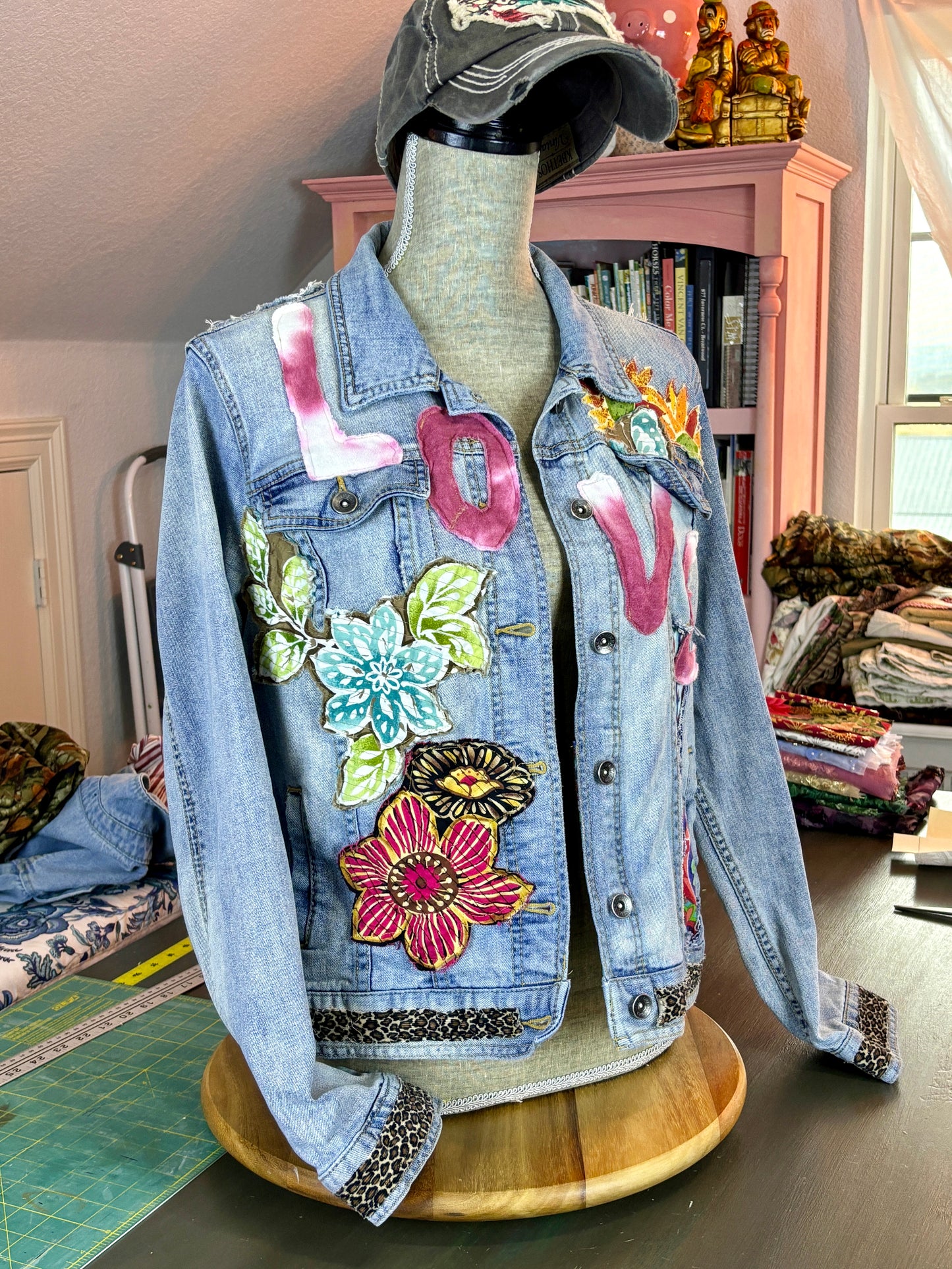 LOVE UpCycled Jean Denim Jacket, Hippie Boho Style, Retro 70's Look