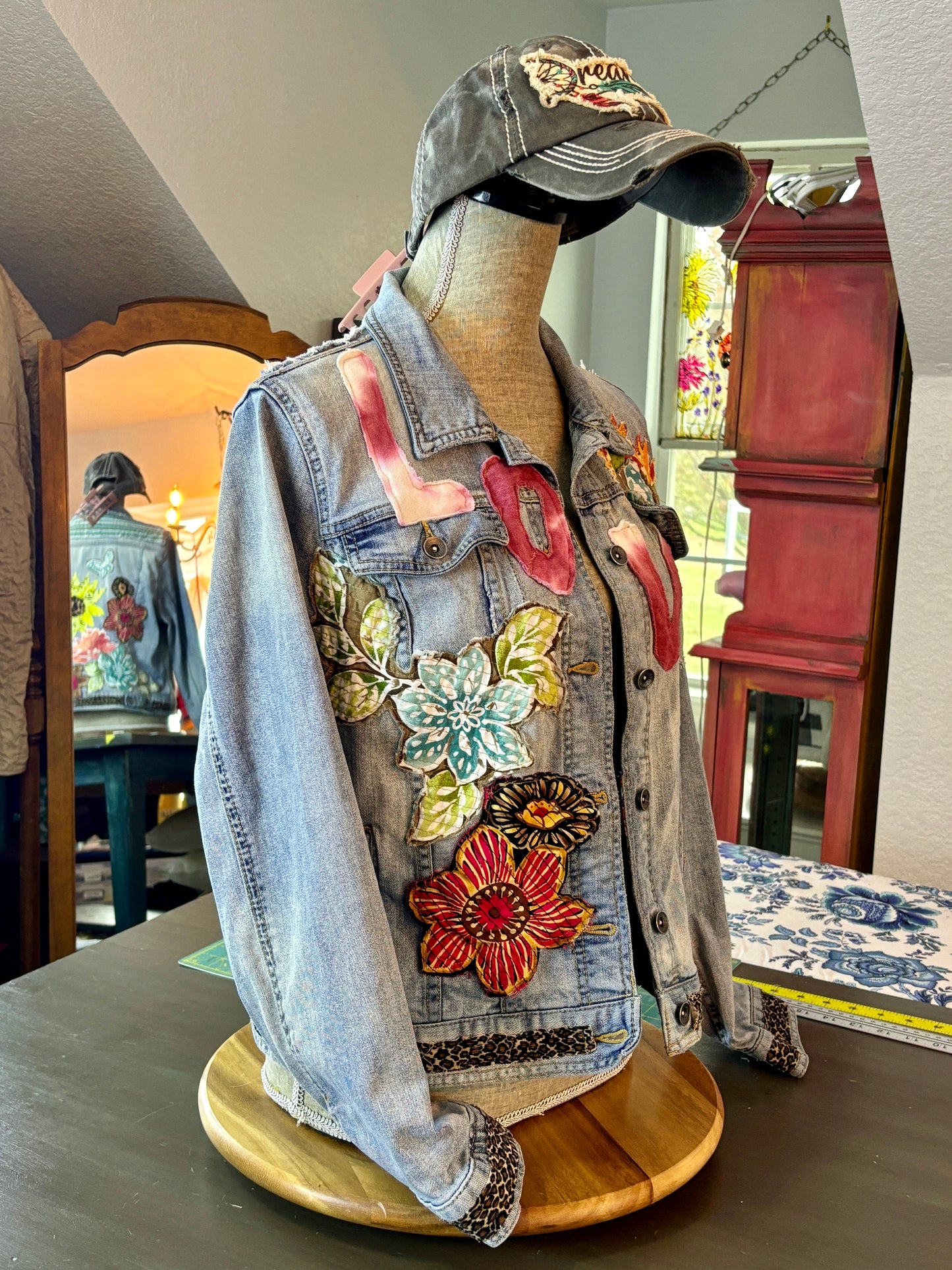 LOVE UpCycled Jean Denim Jacket, Hippie Boho Style, Retro 70's Look