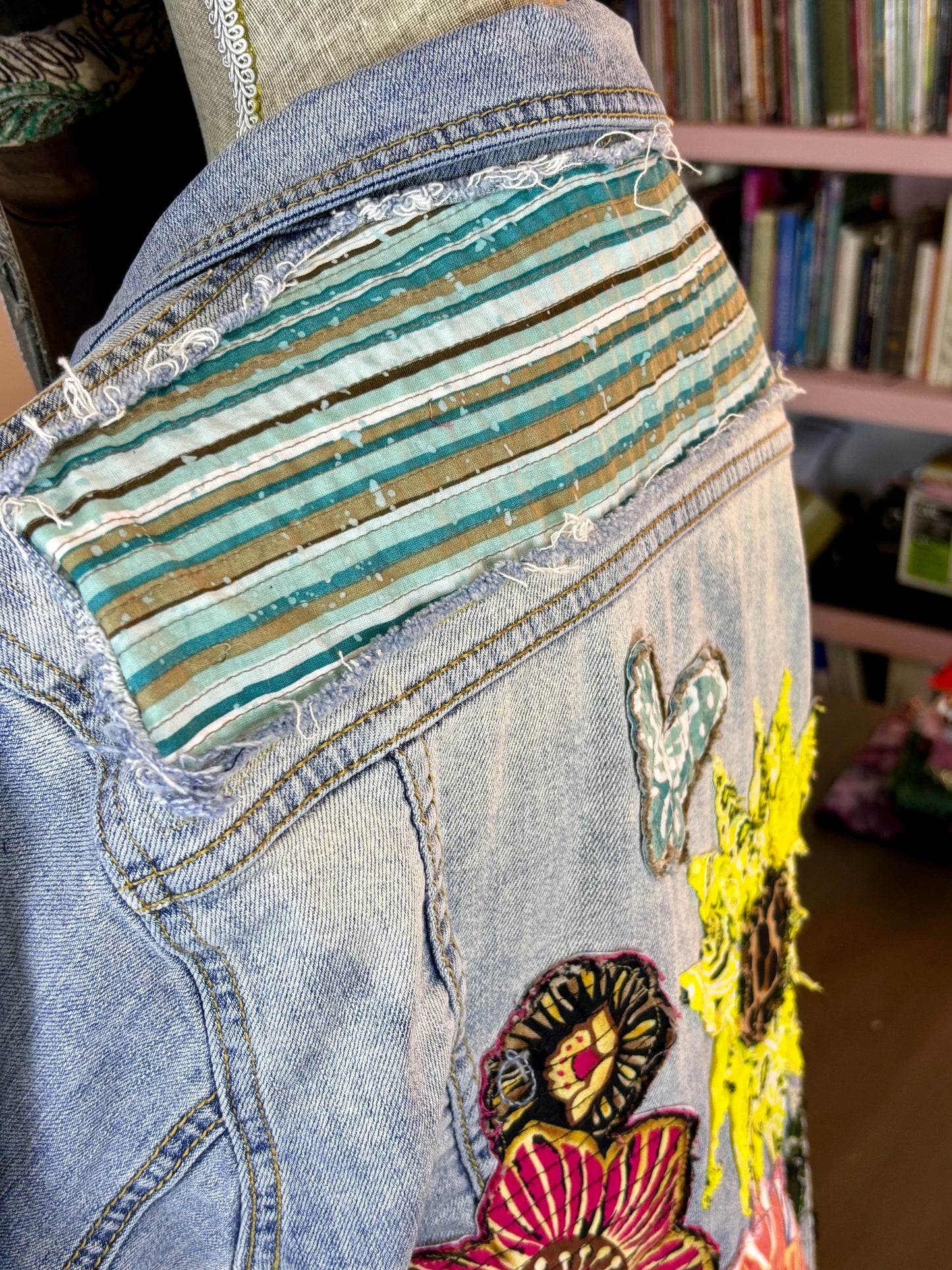 LOVE UpCycled Jean Denim Jacket, Hippie Boho Style, Retro 70's Look