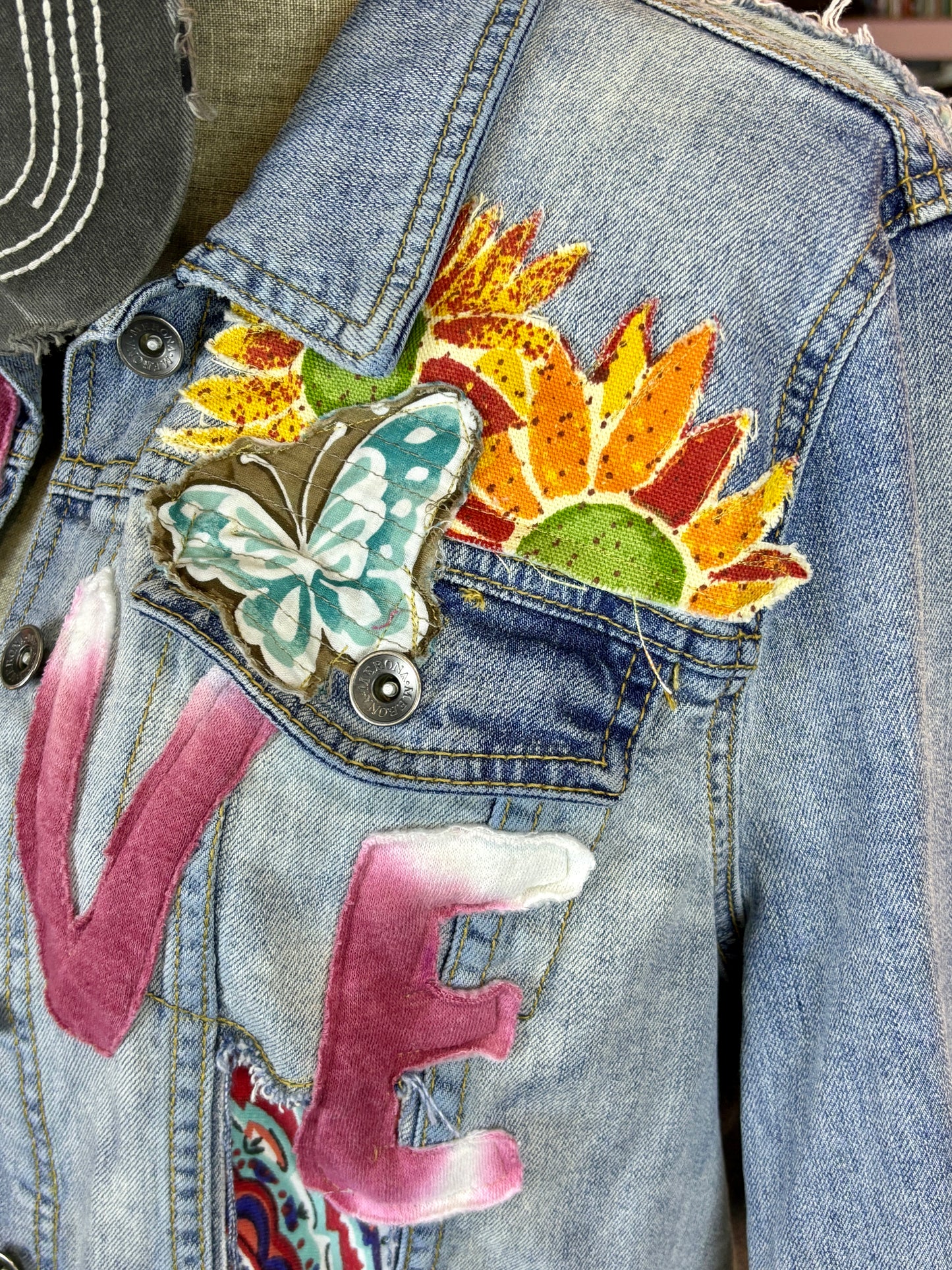 LOVE UpCycled Jean Denim Jacket, Hippie Boho Style, Retro 70's Look