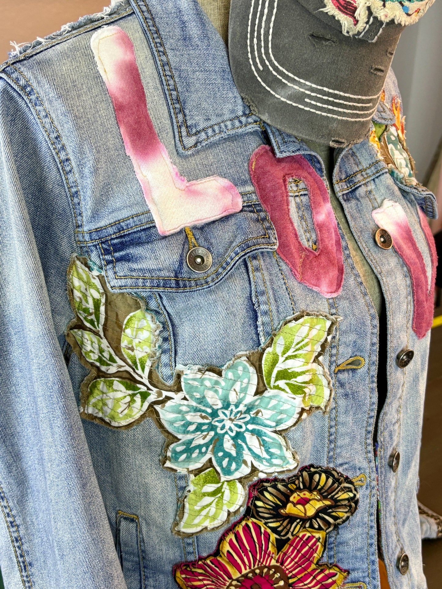 LOVE UpCycled Jean Denim Jacket, Hippie Boho Style, Retro 70's Look