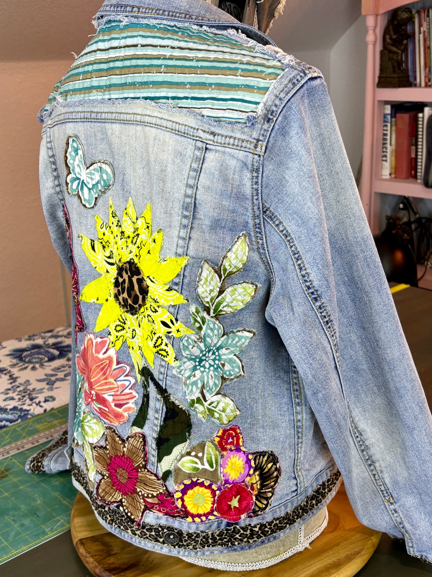 LOVE UpCycled Jean Denim Jacket, Hippie Boho Style, Retro 70's Look