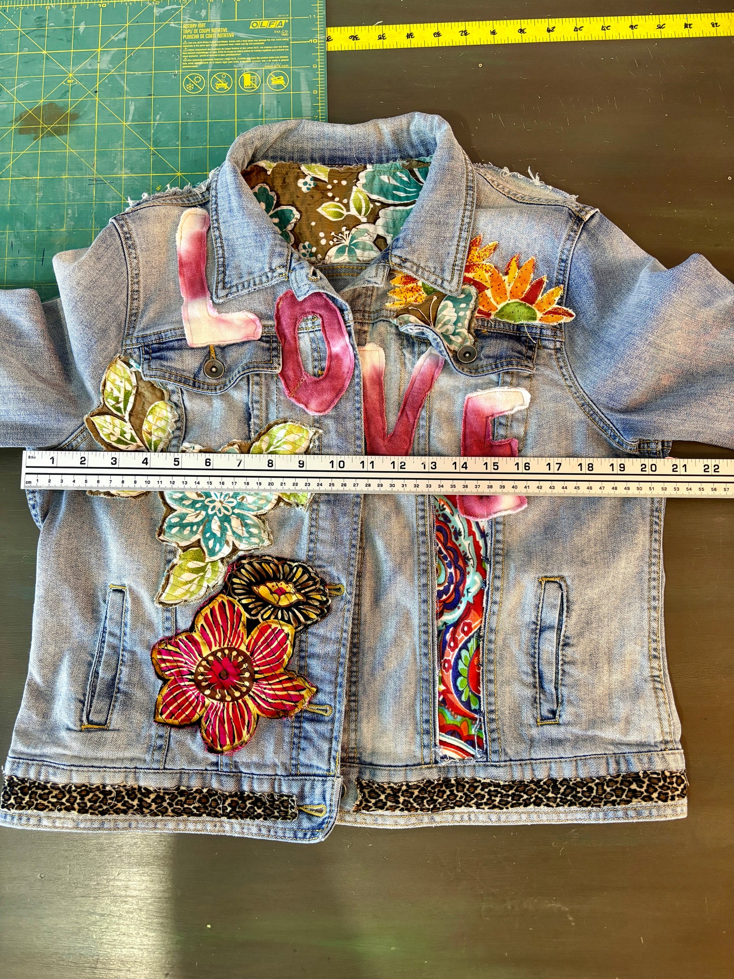 LOVE UpCycled Jean Denim Jacket, Hippie Boho Style, Retro 70's Look