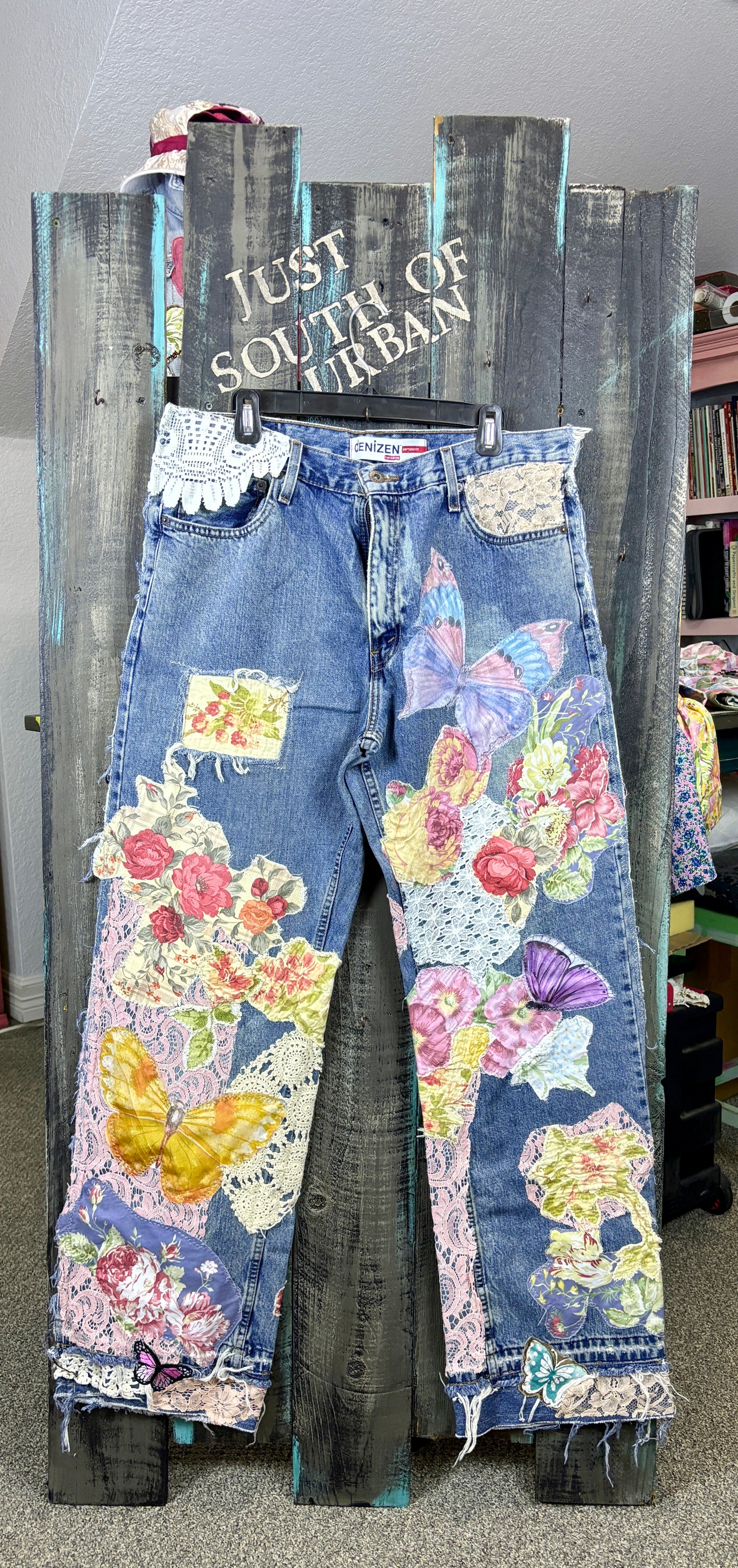 Up-Cycled, Levis Denizen Brand Art Jeans, Altered Boyfriend, Distressed, Floral, Butterflies, Lace, Applique, Appliques Size, 37 x 34