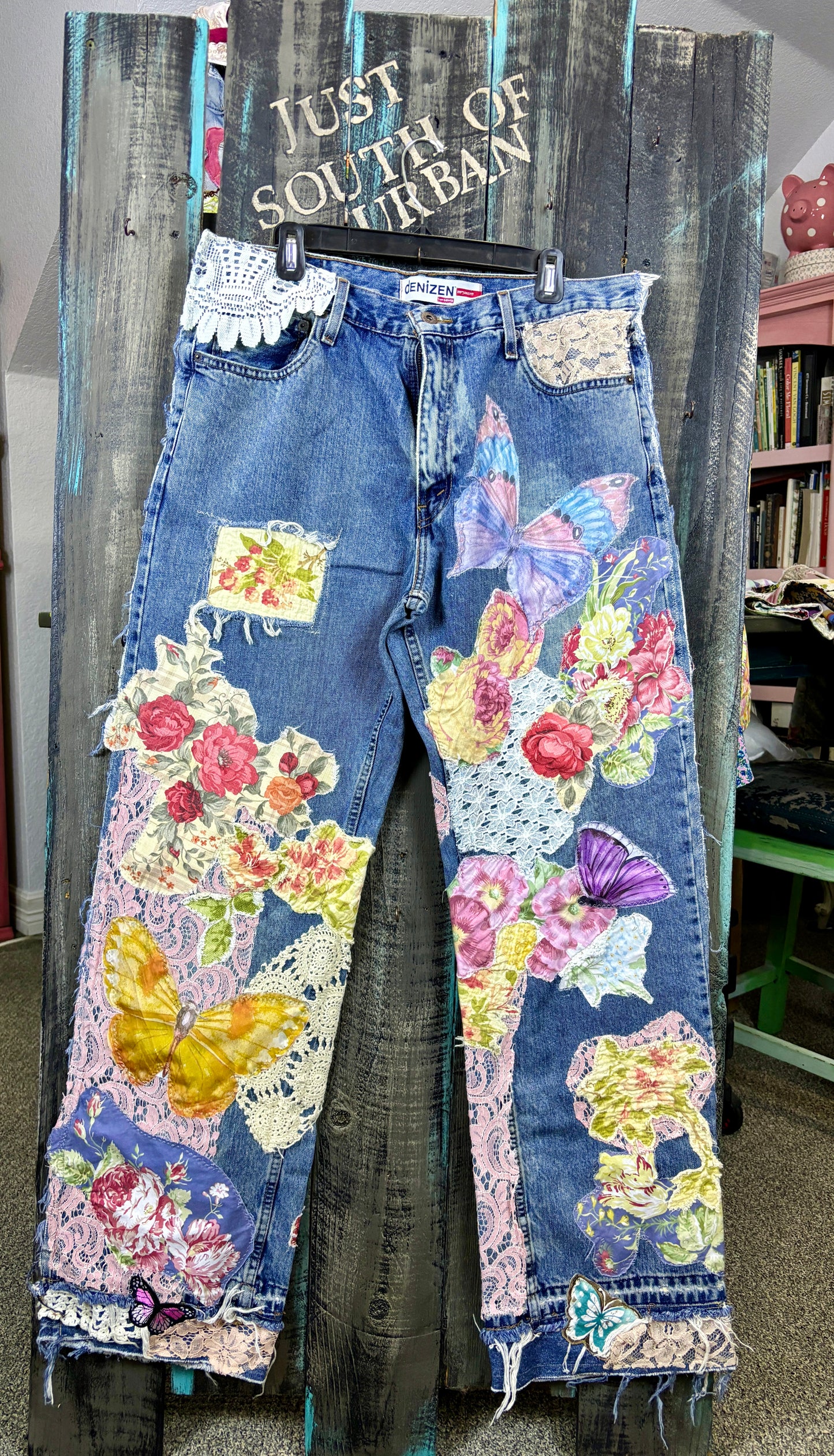 Up-Cycled, Levis Denizen Brand Art Jeans, Altered Boyfriend, Distressed, Floral, Butterflies, Lace, Applique, Appliques Size, 37 x 34