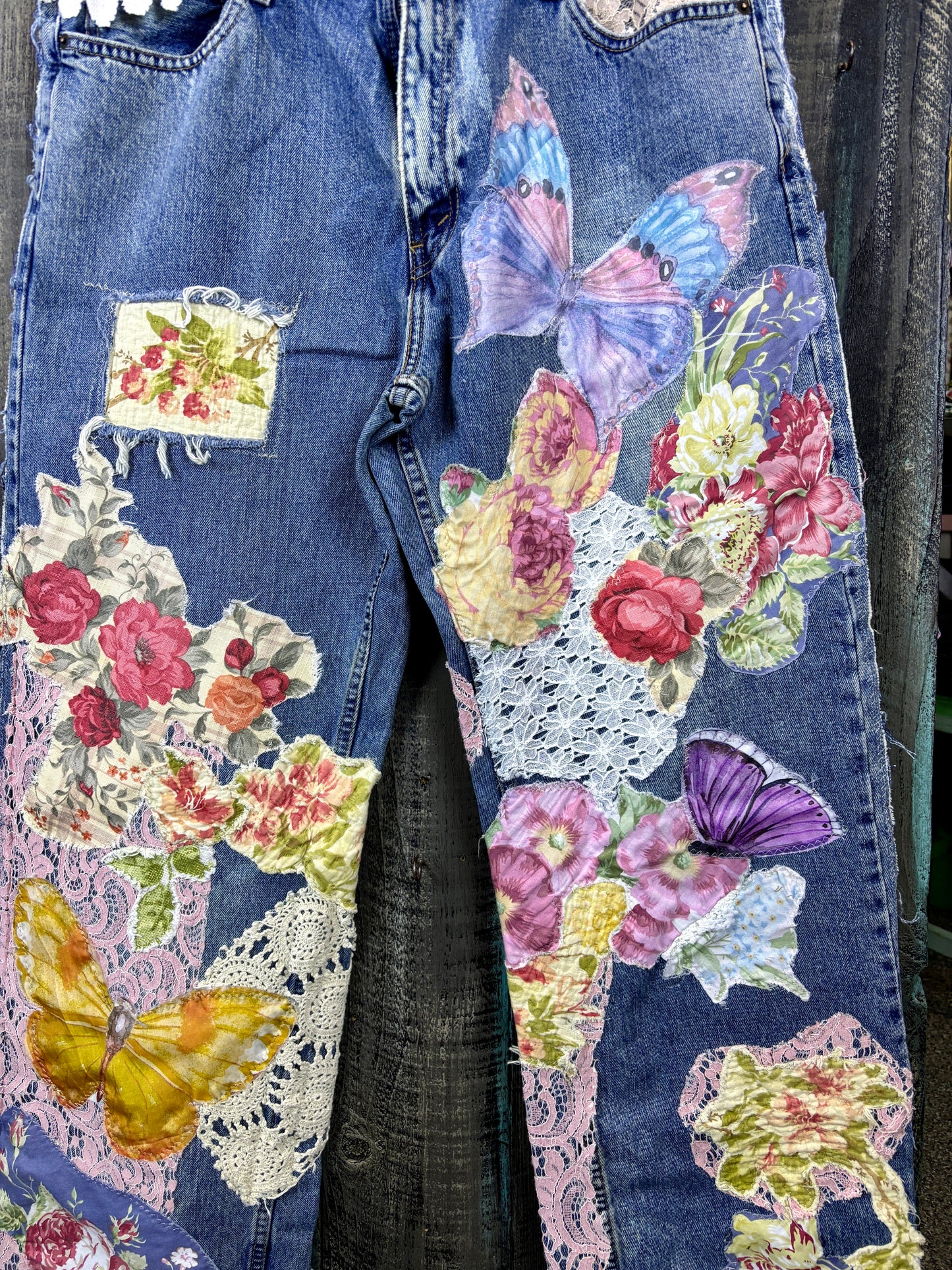 Up-Cycled, Levis Denizen Brand Art Jeans, Altered Boyfriend, Distressed, Floral, Butterflies, Lace, Applique, Appliques Size, 37 x 34