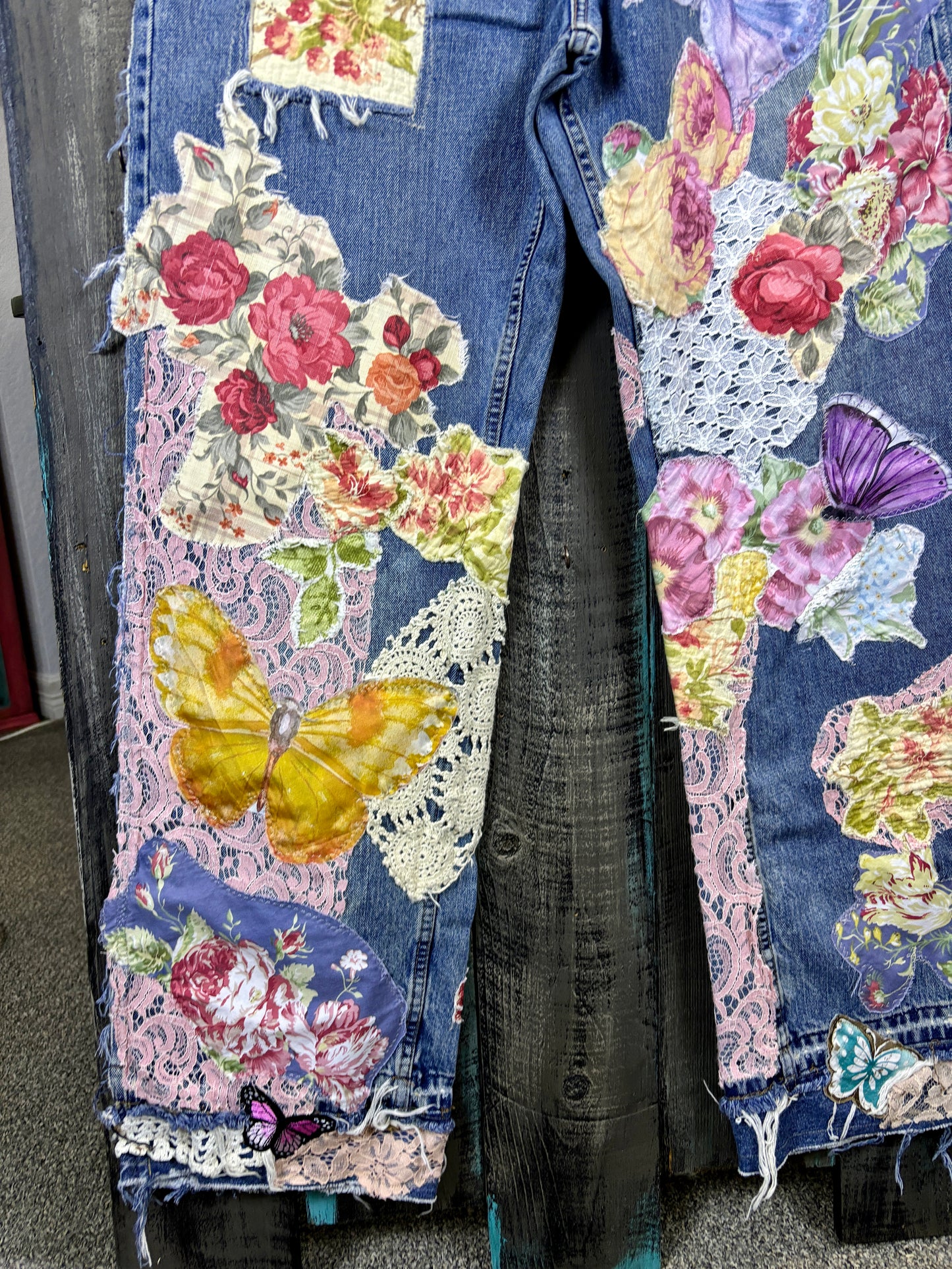 Up-Cycled, Levis Denizen Brand Art Jeans, Altered Boyfriend, Distressed, Floral, Butterflies, Lace, Applique, Appliques Size, 37 x 34