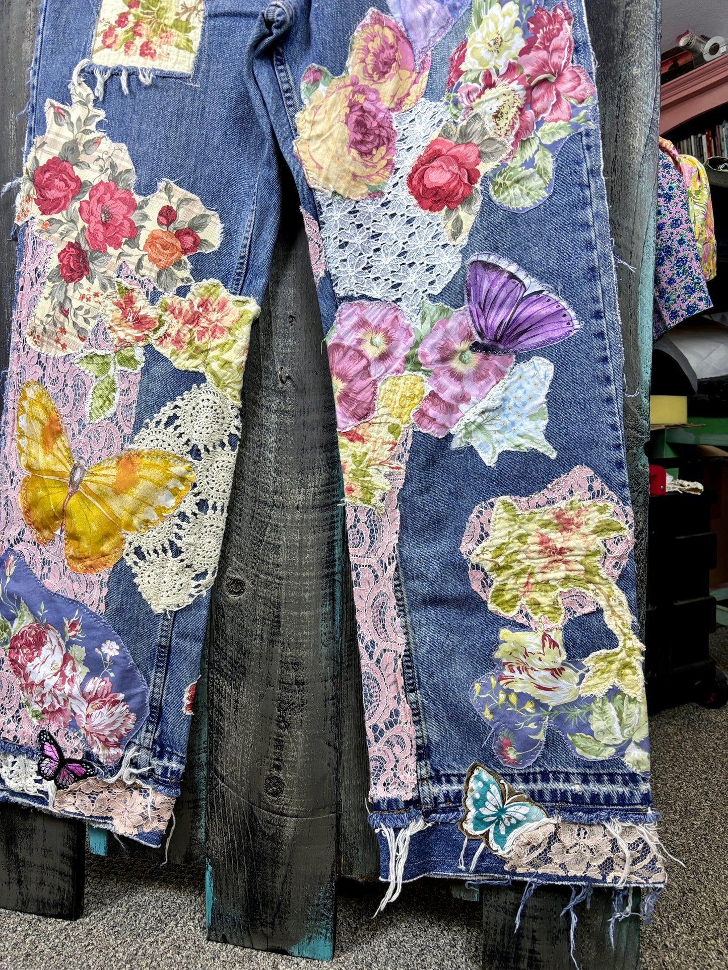 Up-Cycled, Levis Denizen Brand Art Jeans, Altered Boyfriend, Distressed, Floral, Butterflies, Lace, Applique, Appliques Size, 37 x 34