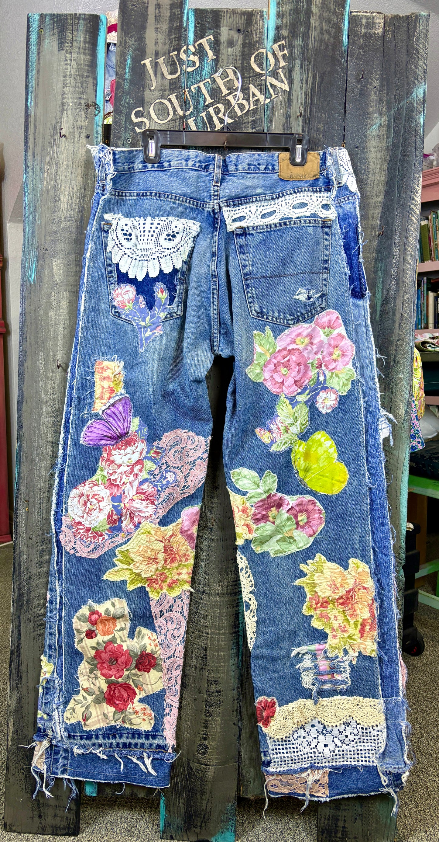 Up-Cycled, Levis Denizen Brand Art Jeans, Altered Boyfriend, Distressed, Floral, Butterflies, Lace, Applique, Appliques Size, 37 x 34