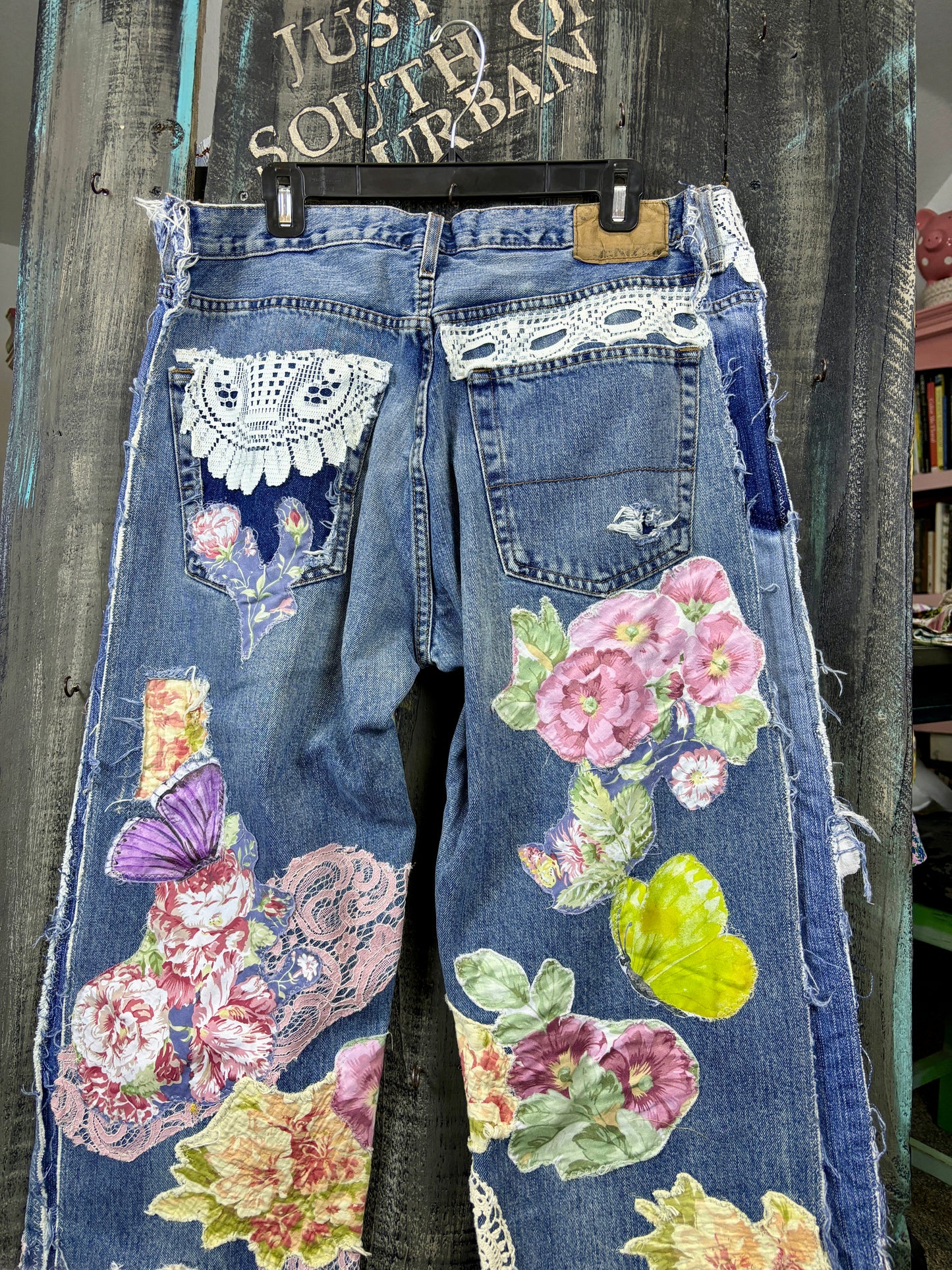 Up-Cycled, Levis Denizen Brand Art Jeans, Altered Boyfriend, Distressed, Floral, Butterflies, Lace, Applique, Appliques Size, 37 x 34