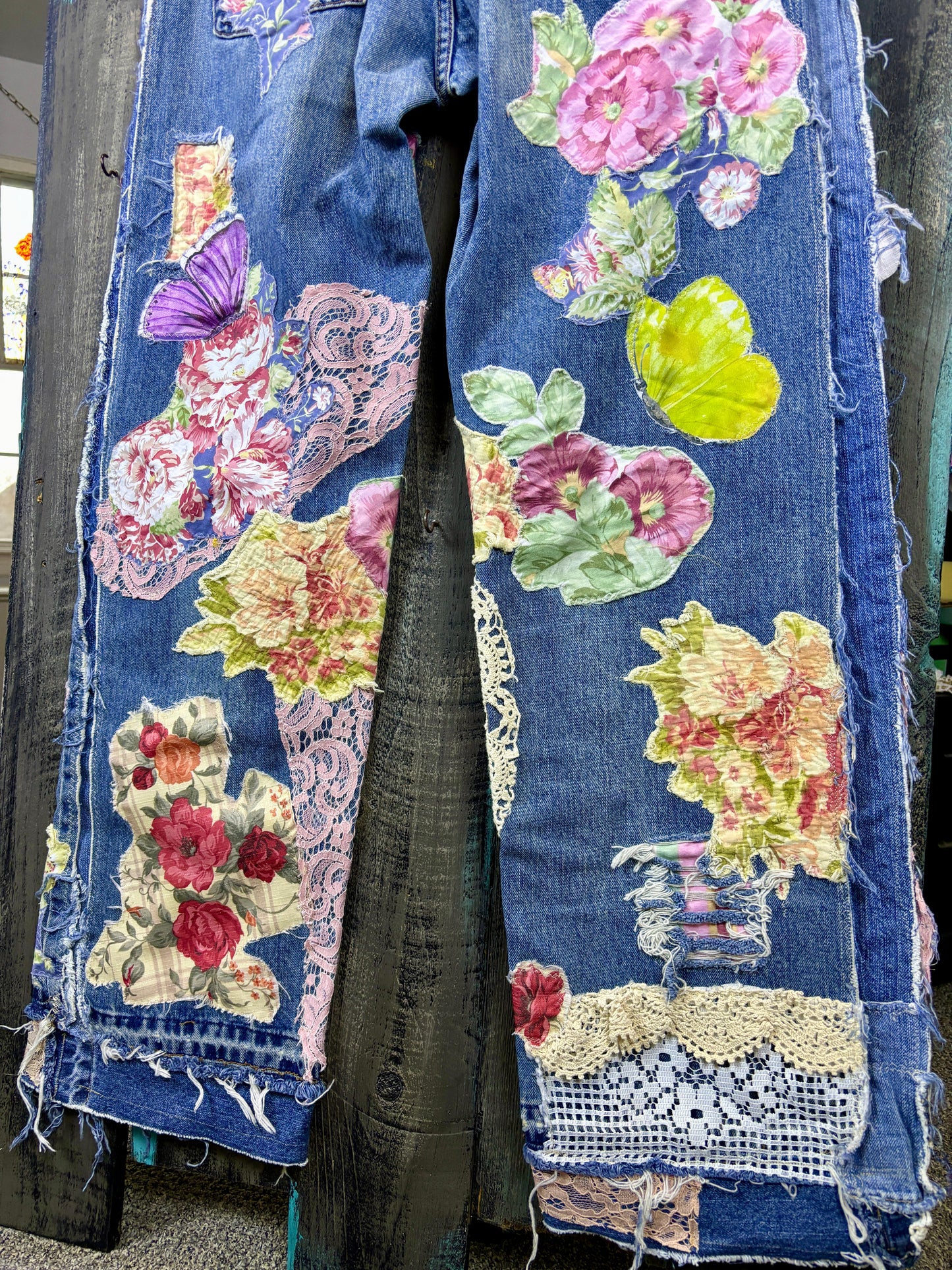 Up-Cycled, Levis Denizen Brand Art Jeans, Altered Boyfriend, Distressed, Floral, Butterflies, Lace, Applique, Appliques Size, 37 x 34