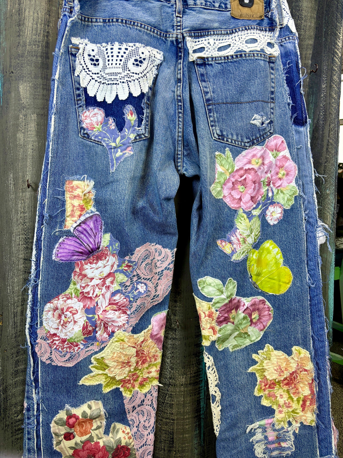 Up-Cycled, Levis Denizen Brand Art Jeans, Altered Boyfriend, Distressed, Floral, Butterflies, Lace, Applique, Appliques Size, 37 x 34