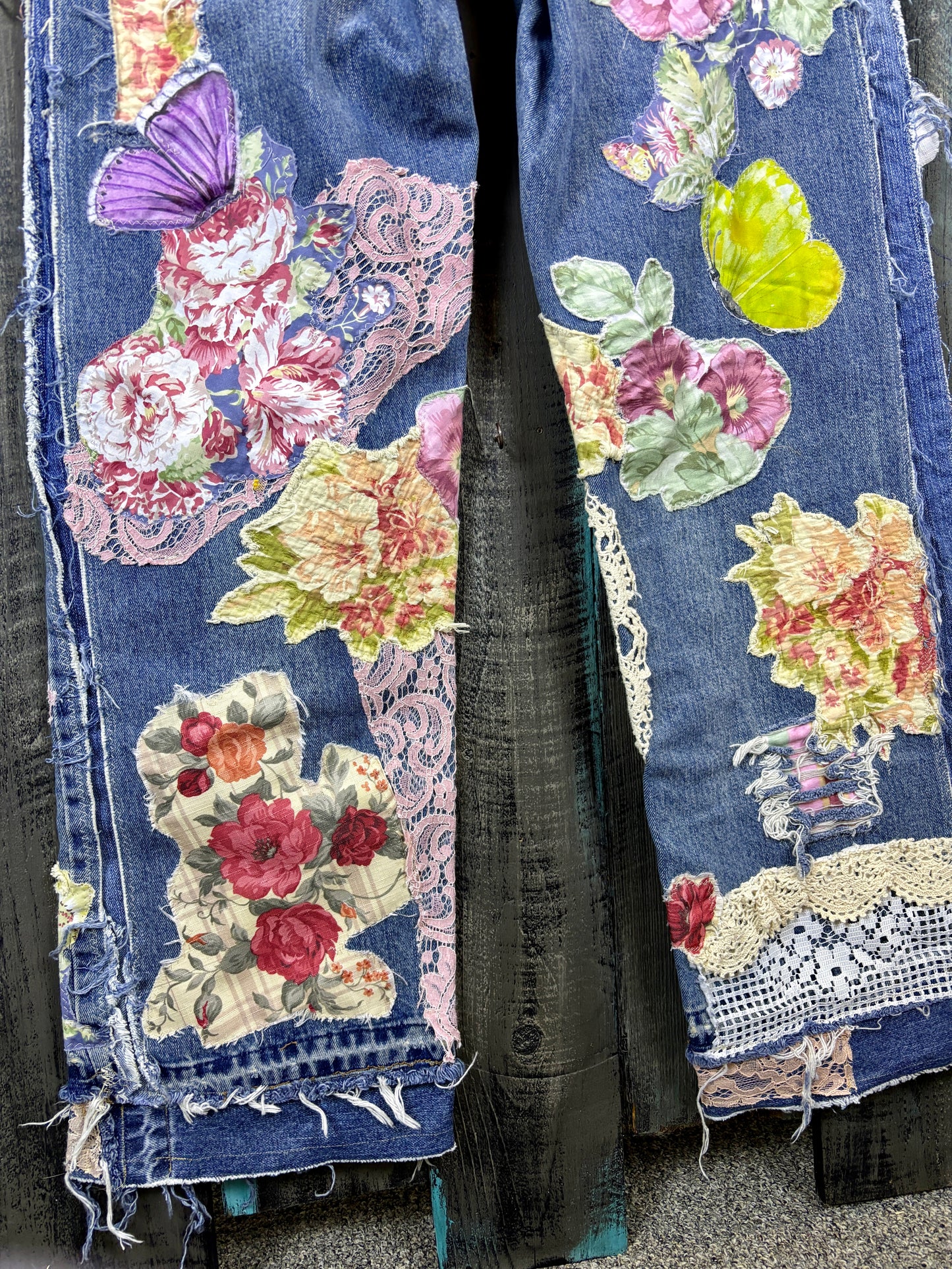 Up-Cycled, Levis Denizen Brand Art Jeans, Altered Boyfriend, Distressed, Floral, Butterflies, Lace, Applique, Appliques Size, 37 x 34