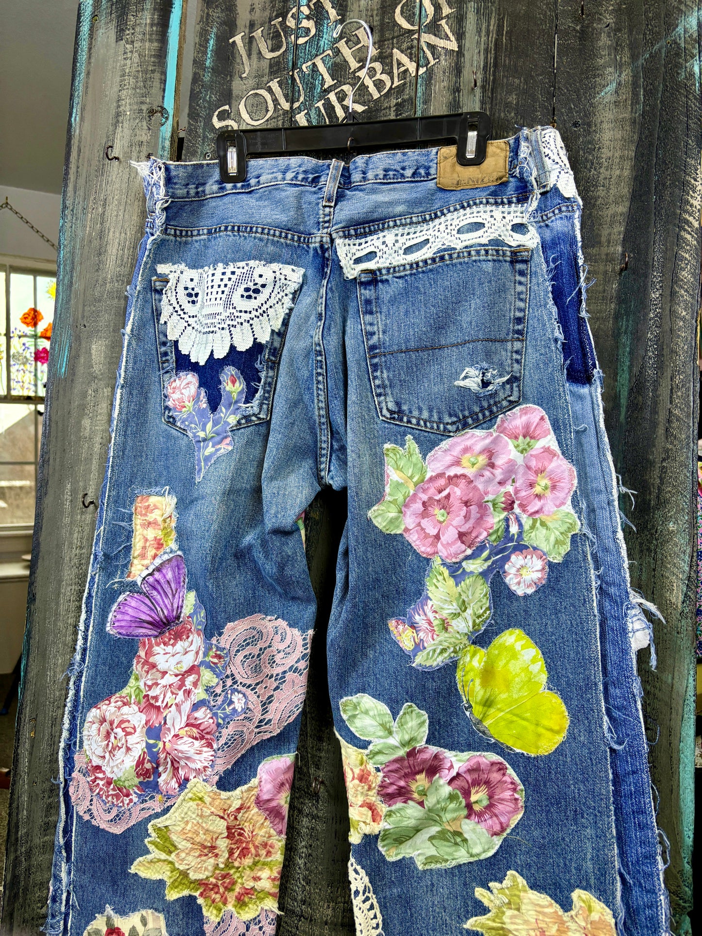 Up-Cycled, Levis Denizen Brand Art Jeans, Altered Boyfriend, Distressed, Floral, Butterflies, Lace, Applique, Appliques Size, 37 x 34