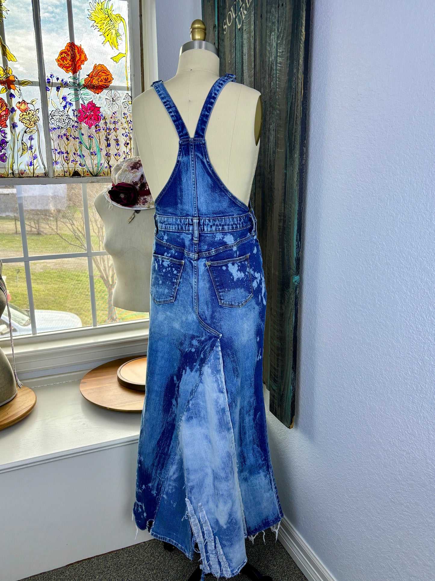 Up-Cycled Frayed Over-Alls, Dungarees, Denim, Over-All Dress, Patchwork Denim Dress, Size 0, SMALL, Just South of Urban, Kim Spratto