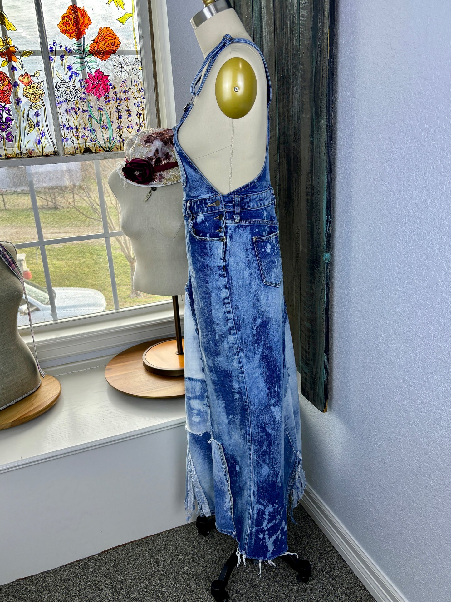 Up-Cycled Frayed Over-Alls, Dungarees, Denim, Over-All Dress, Patchwork Denim Dress, Size 0, SMALL, Just South of Urban, Kim Spratto