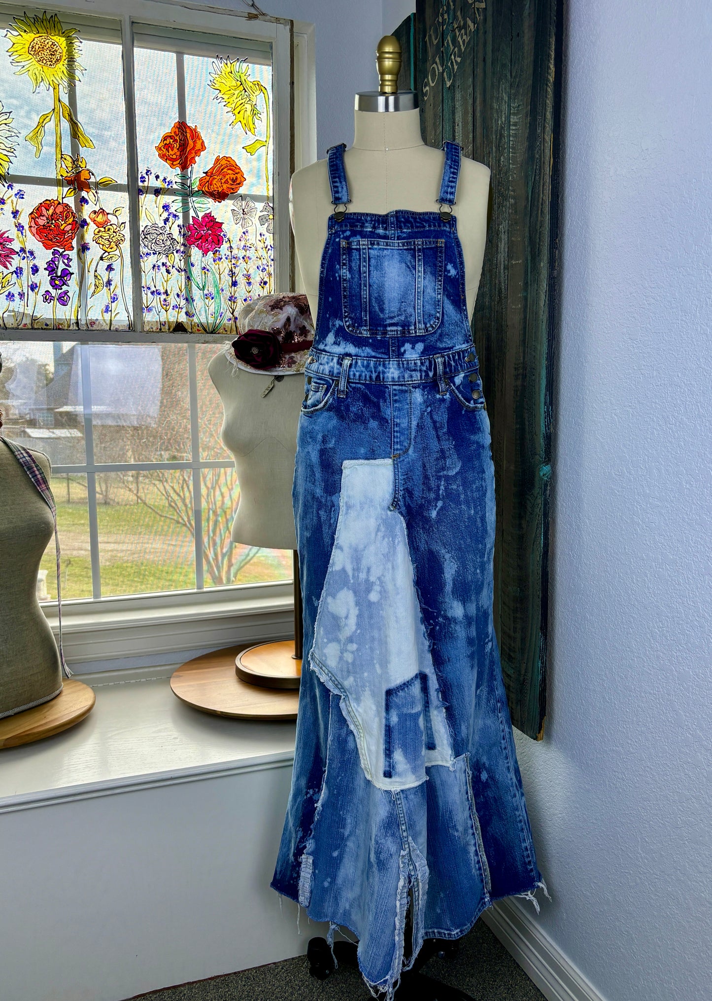 Up-Cycled Frayed Over-Alls, Dungarees, Denim, Over-All Dress, Patchwork Denim Dress, Size 0, SMALL, Just South of Urban, Kim Spratto